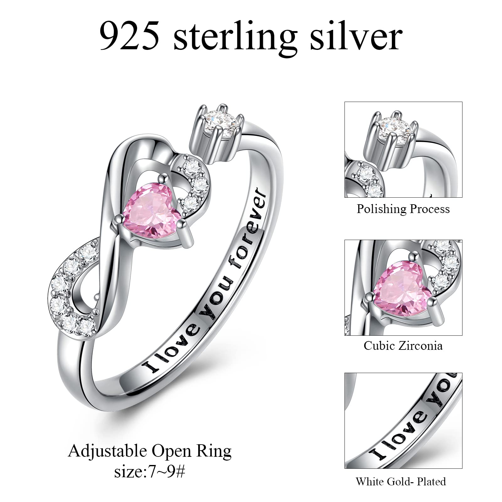 CRYSLOVE Anello Birthstone Cuore Regolabile Donna Argento 925 Ragazze Anello Cuore Regolabile Infinito Anelli Fortunata Banda Gioielli Regalo San Valentino Natale Festa della Madre Compleanno