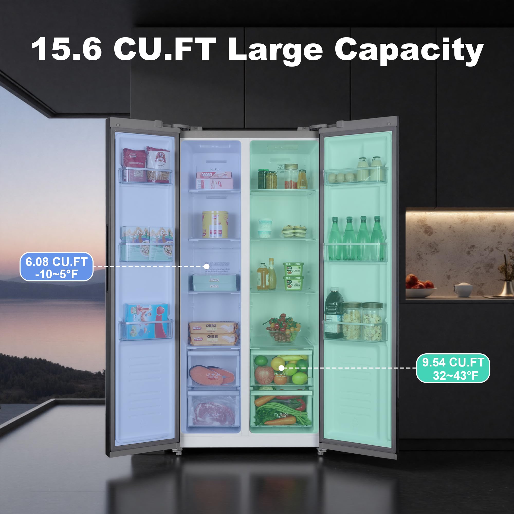 Iceblue 15.6 Cu.Ft. Side-By-Side Refrigerators, 33" Full Size Refrigerator, Zoning Temperature Control Beverage Refrigerator With Freezer, Frost Free Beverage Fridge - Black Stainless Steel on Fridge.com - View 4