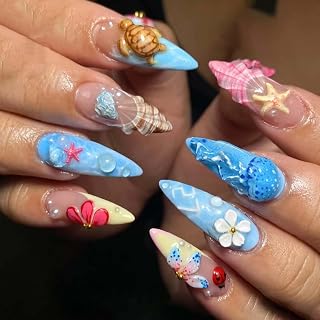 ONPRESS 30Pcs Handmade Press on Nails Medium Almond Fake Nails with 3D Gold Beads Pearl Design Colorful Spring Flower False Nails French Tip Summer Jellyfish Turtle Starfish Glue on Nails for Women
