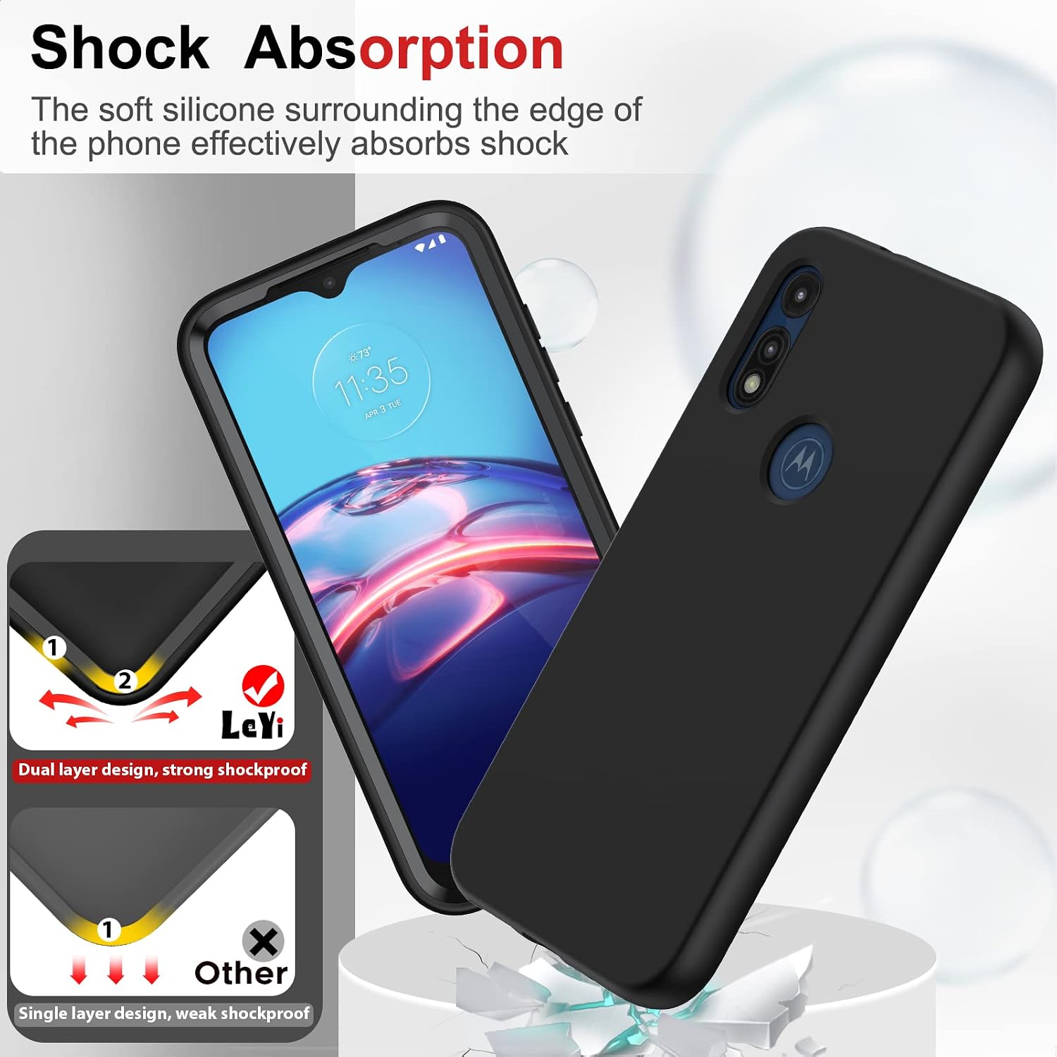 LeYi for Moto E Phone Case, Moto E Case with [2 x Tempered Glass Screen Protector] for Women Men, Full-Body Shockproof Soft Liquid Silicone Protective Phone Cover Case for Motorola Moto E 2020, Black