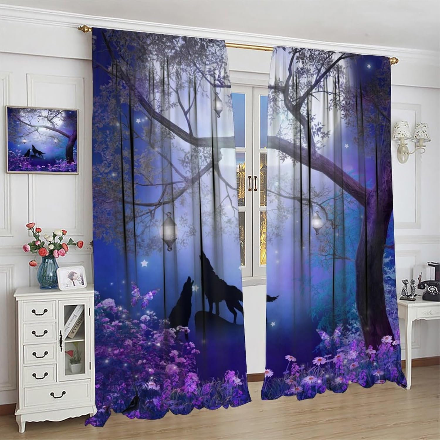 Fantastic Wolf Curtains, Silhouette Wildlife Howling at Glitter Moon in Dreamy Magic Forest Drapes, Thermal Insulation Blackout Rod Pocket Window Treatments for Living Room Bedroom Bathroom 42x63in