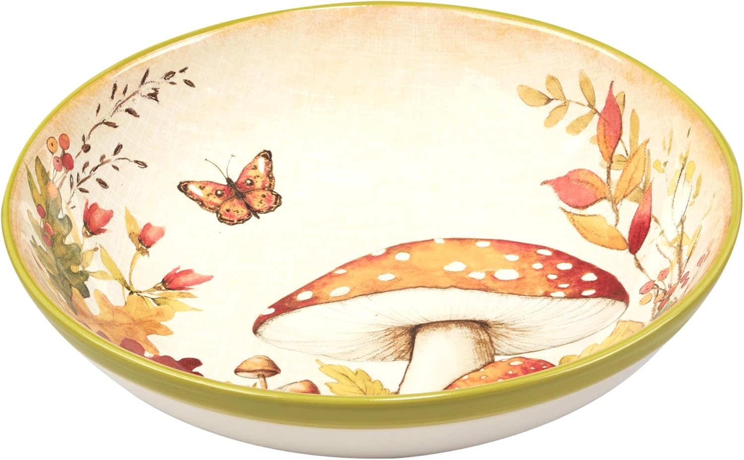 Woodland Critters 128 oz. Ceramic Serving Bowl – Large Fall Pasta & Salad Bowl with Forest Mushrooms & Butterfly – Perfect for Harvest Meals, Cottagecore Tables, Thanksgiving or Gifting