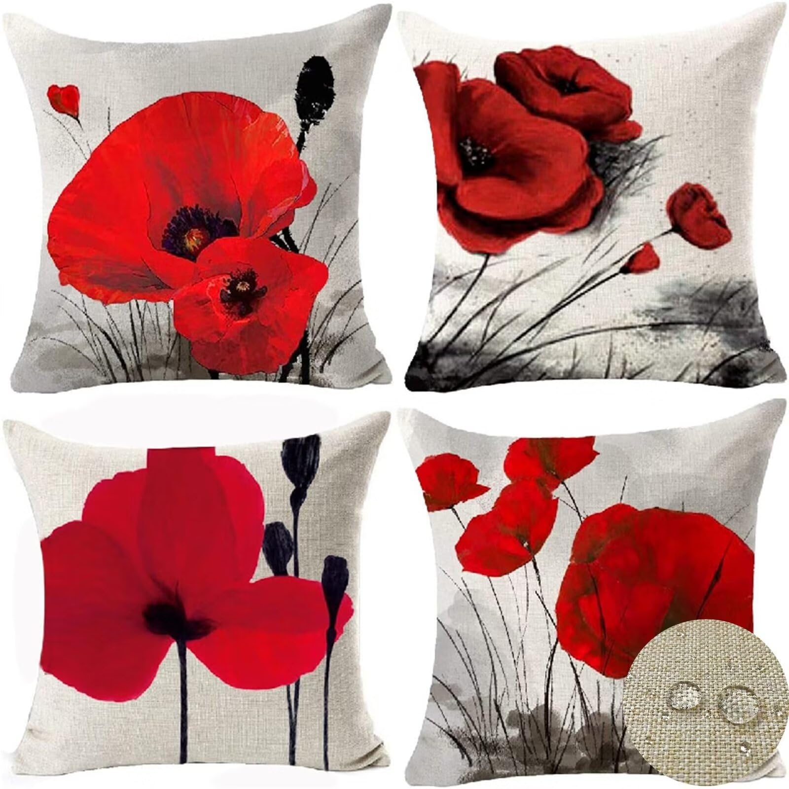 Kissenbezug 65x65 Rot Deko Sofakissen Sommer Wasserfest Dekokissen Mohnblume Kissenbezüge Wasserfest Leinen Kissenhülle, Outdoor Balkon Terrasse Patio Garten Bauernhaus 4er Set Zierkissenbezug YQ-4233