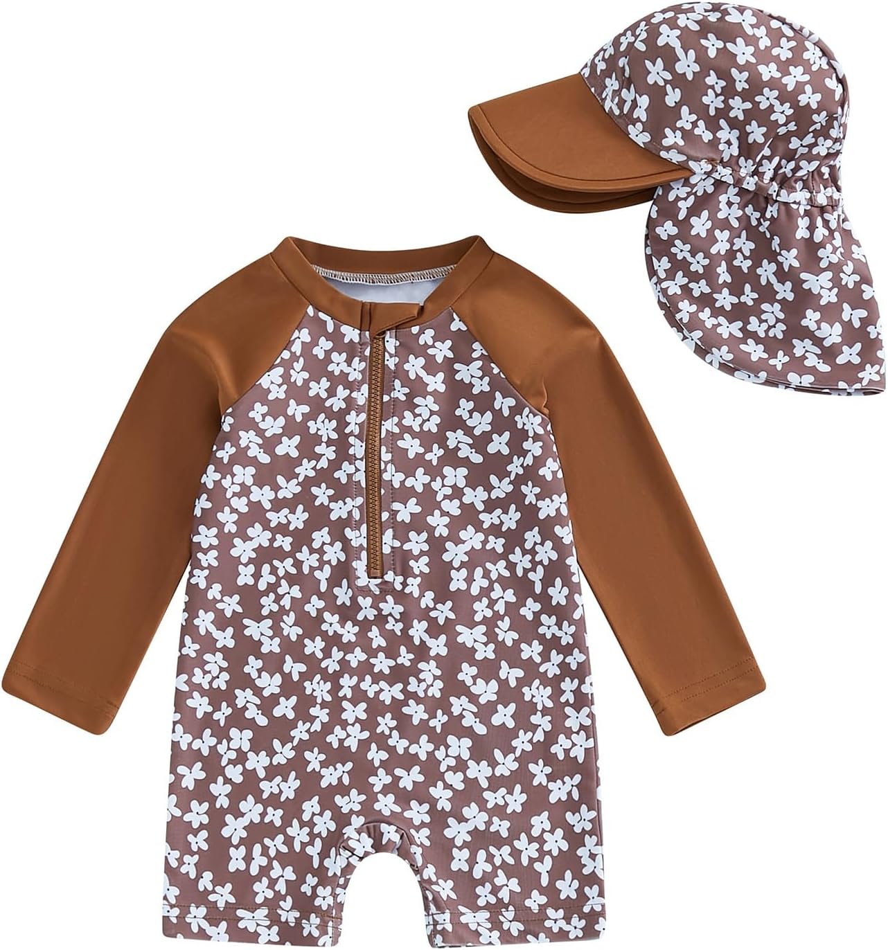 Infant Baby Boy Girl Swimsuit One Piece Long Sleeve Zipper Bathing Suit Toddler Rash Guard Kids Swimwear with Hat