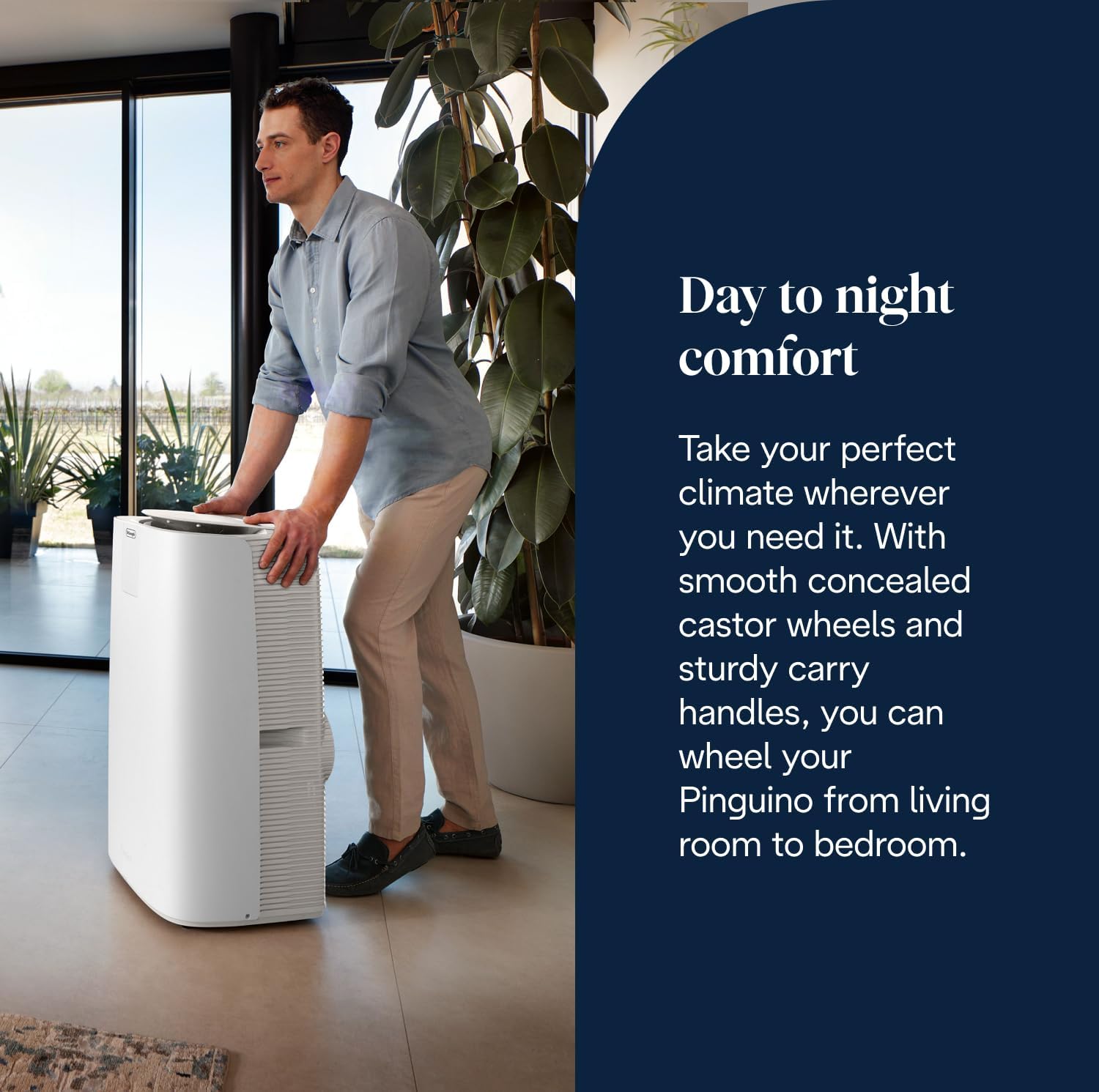 De'Longhi Pinguino AP98 unit in a room with air circulation shown, illustrating Arctic Gentle Surround technology