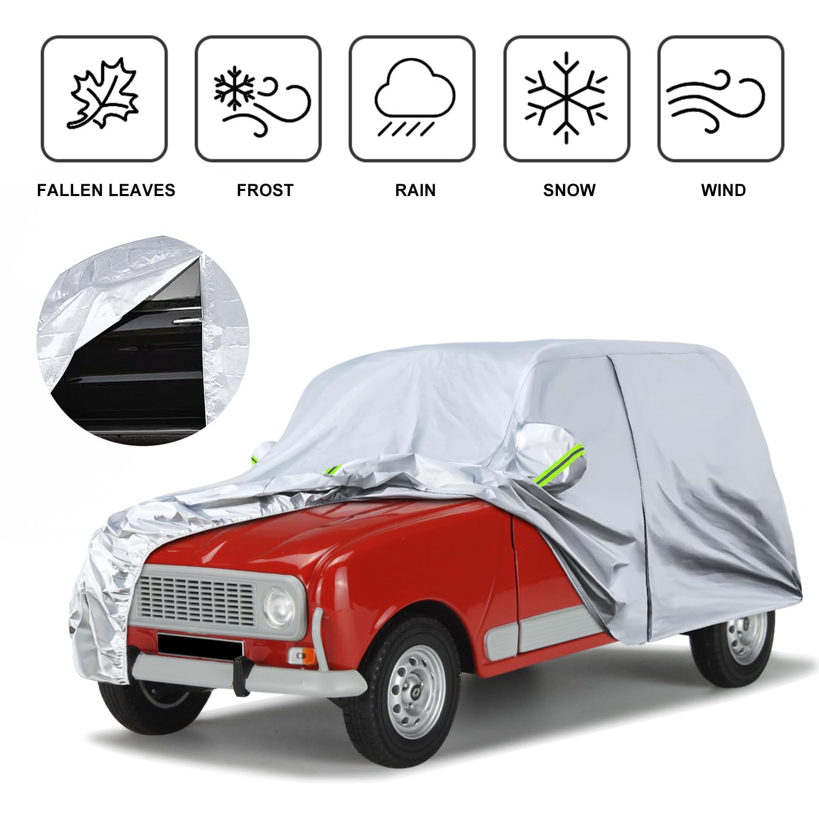 Cubierta de Coche Impermeable Reemplazo para Renault 4/4L/R4 1961-1992, Lona del Automóvil Garaje del Completo, Resistente al Agua, Rayas Reflectantes, Plata
