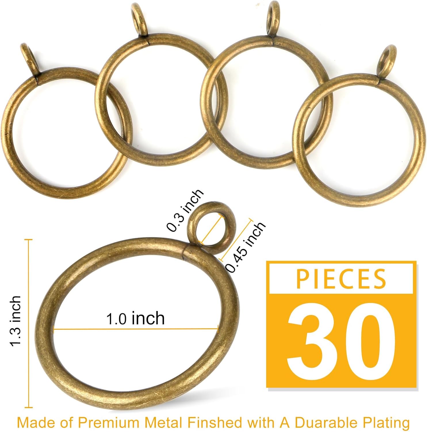 Antique Brass Curtain Rings with Eyelets for Up to 3/4-inch Curtain Rods (Set of 30 PCS Curtain Rings) (1 inch Inner Diameter)