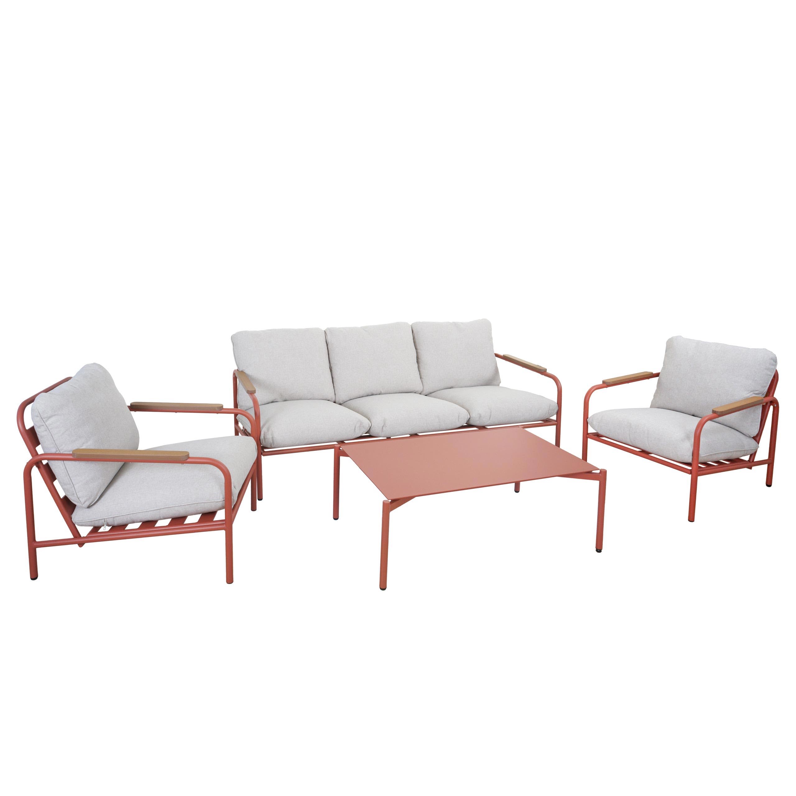 Mendler Aluminium-Gartengarnitur HWC-O11, Outdoor 3-Sitzer Sitzbank Sessel Sofa, Olefin (205 g/m²) - terrakotta Polster beige