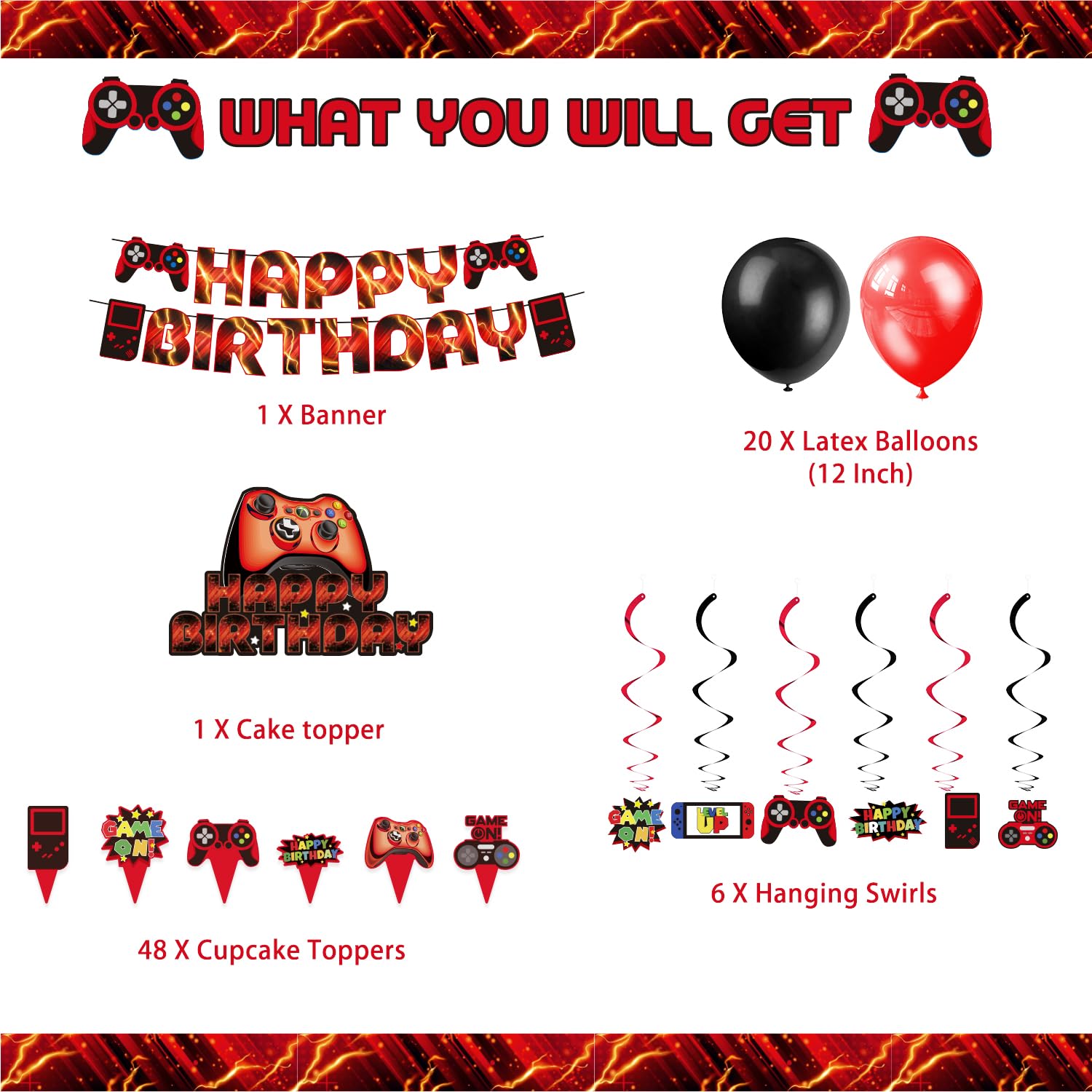 Mpanwen Fournitures de fête de jeu vidéo rouge – 212 pièces Décoration de fête d'anniversaire pour garçons – Nappe de table, assiettes, tasses, serviettes, ustensiles, tourbillons suspendus, bannière Mpanwen Fournitures de fête de jeu vidéo rouge – 212 pièces Décoration de fête d'anniversaire pour garçons – Nappe de table, assiettes, tasses, serviettes, ustensiles, tourbillons suspendus, bannière