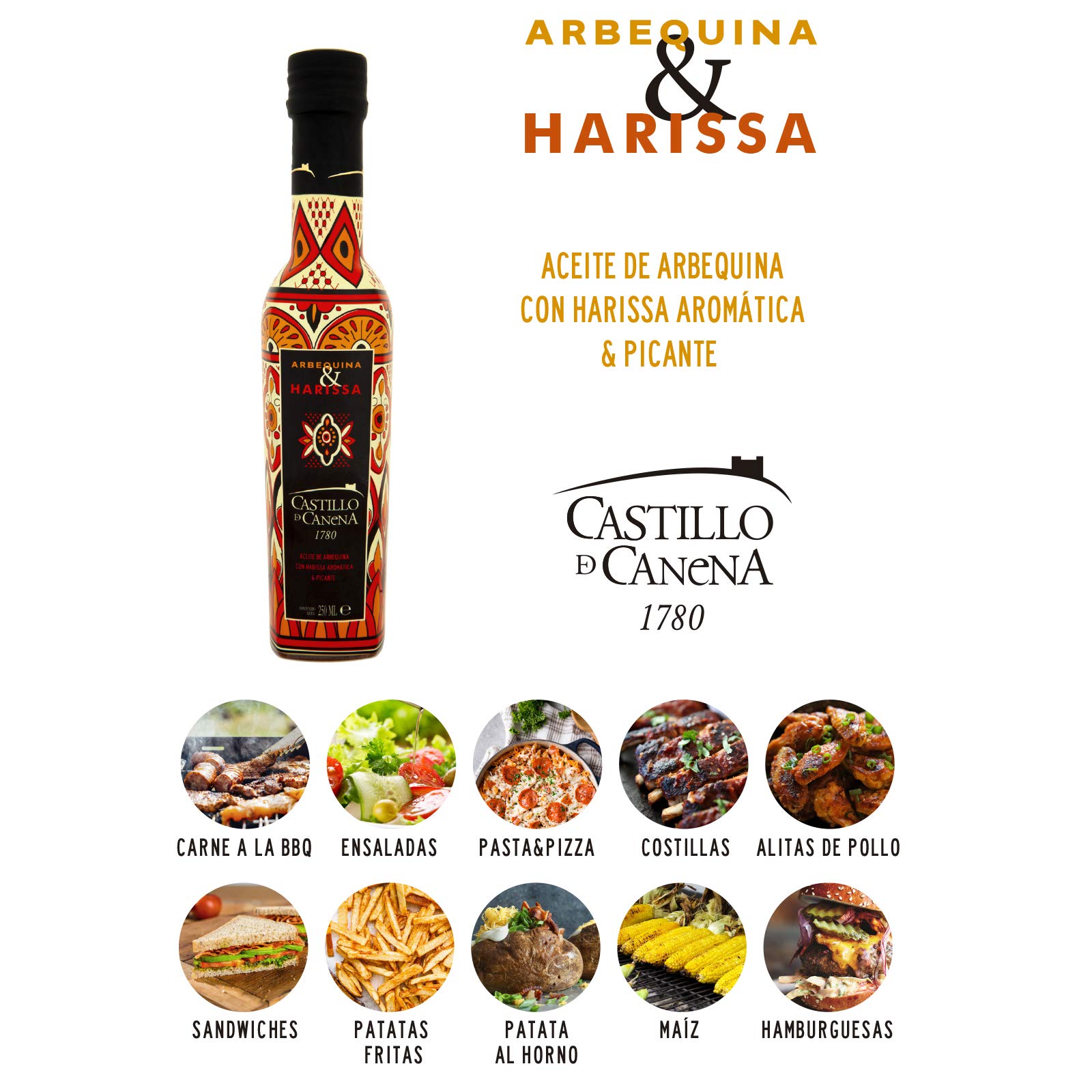 PACK ACEITE DE OLIVA ARBEQUINA CON HARISSA Y ACEITE AL HUMO DE ROBLE - CASTILLO DE CANENA - 2x250ml