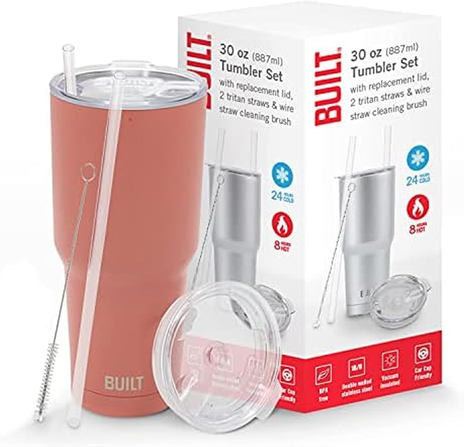 BUILT Double Walled Stainless Steel Tumbler Set with Replacement Lid, 2 Reusable Tritan Wire Straw Cleaning Brush in Gift Box, 30-ounces, Burnt Coral