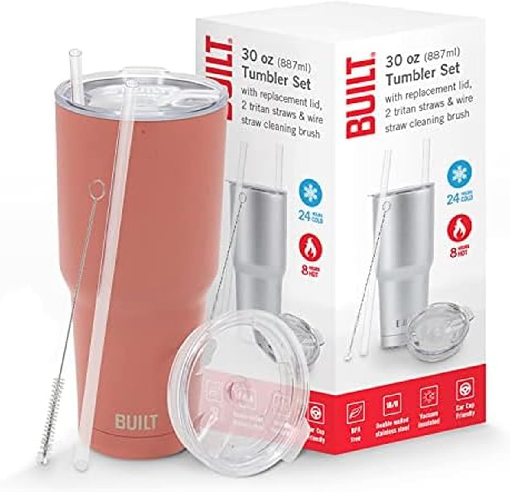 Double Walled Stainless Steel Tumbler Set with Replacement Lid, 2 Reusable Tritan Wire Straw Cleaning Brush in Gift Box, 30-ounces, Burnt Coral