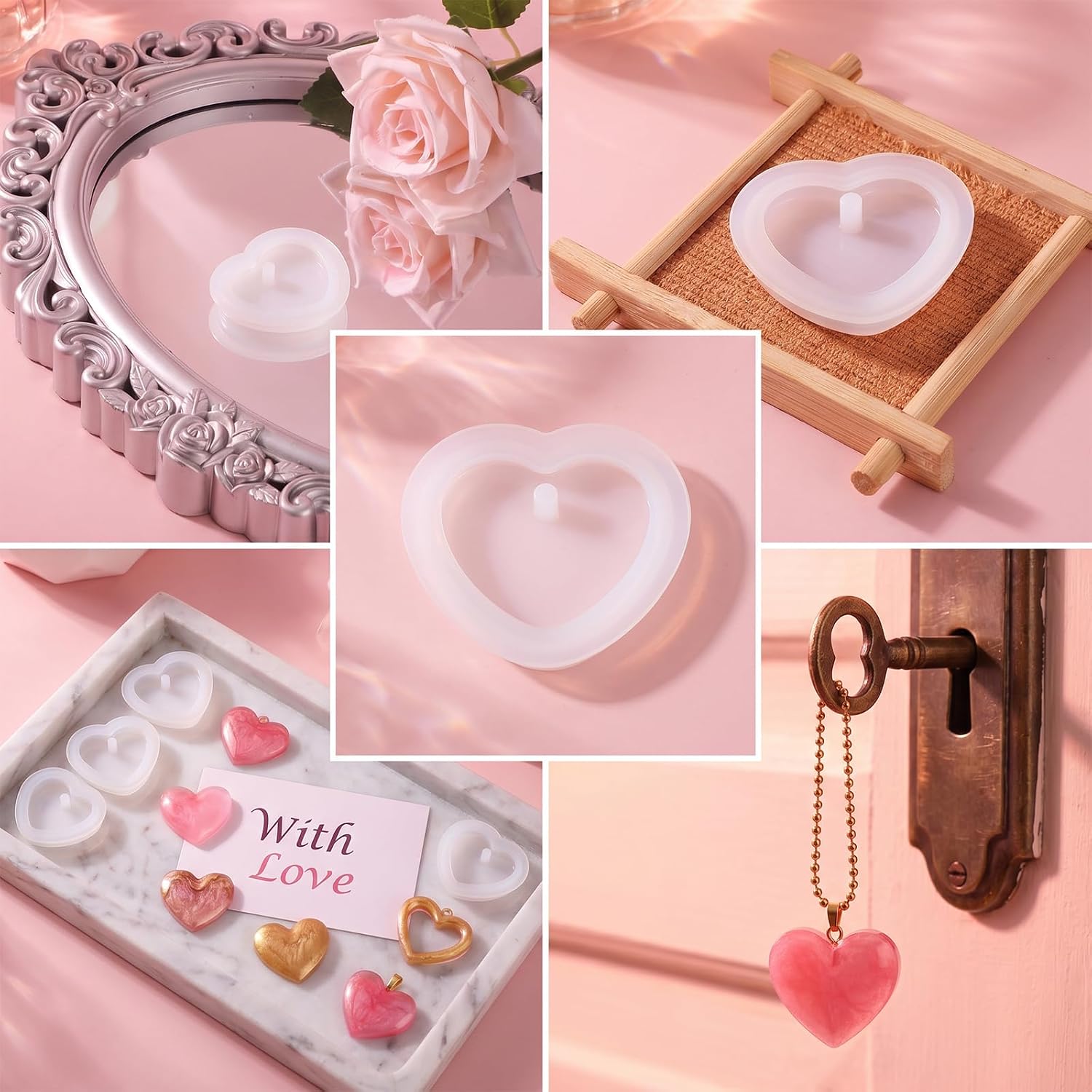 8 Pcs Heart Shaped Resin Keychain Molds with 10 Pcs Beaded Necklace