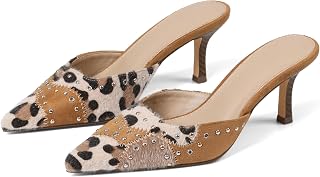 Mattiventon Kitten Heel Mules for Women Vintage Heels Pointy Western Pumps | Faux Fur Patchwork with Rivet Accents, Slip on, Closed Toe, Dressy Shoes for Formal , Everyday Outfits, Dates and Parties