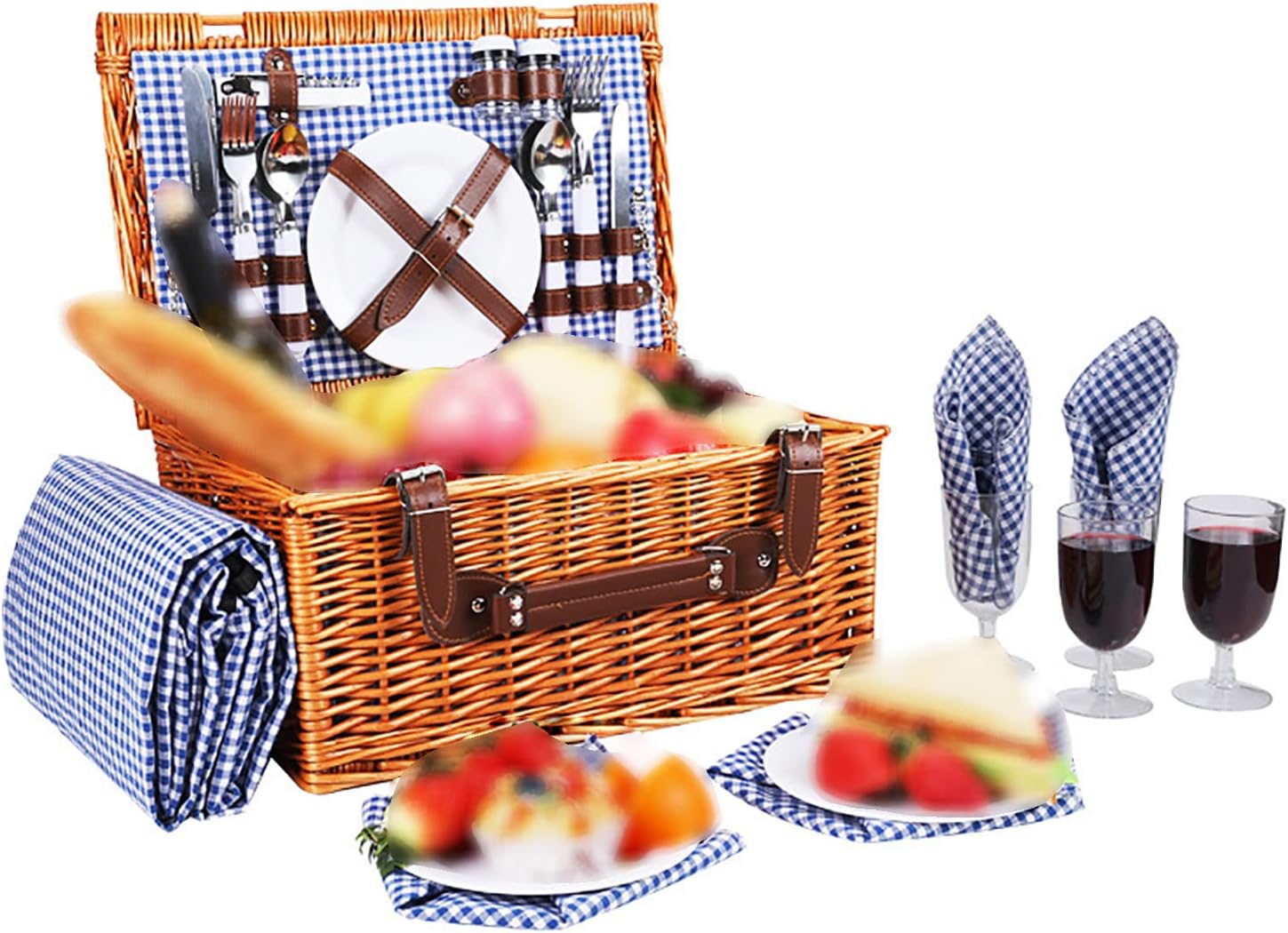 Picnic Basket 4 Person Wicker Picnic Basketr with Cutlery,Plates,Glasses,Tableware & Picnic Blanket,Vintage Rattan Picnic Baskets,Willow Picnicr Set for Camping and Out