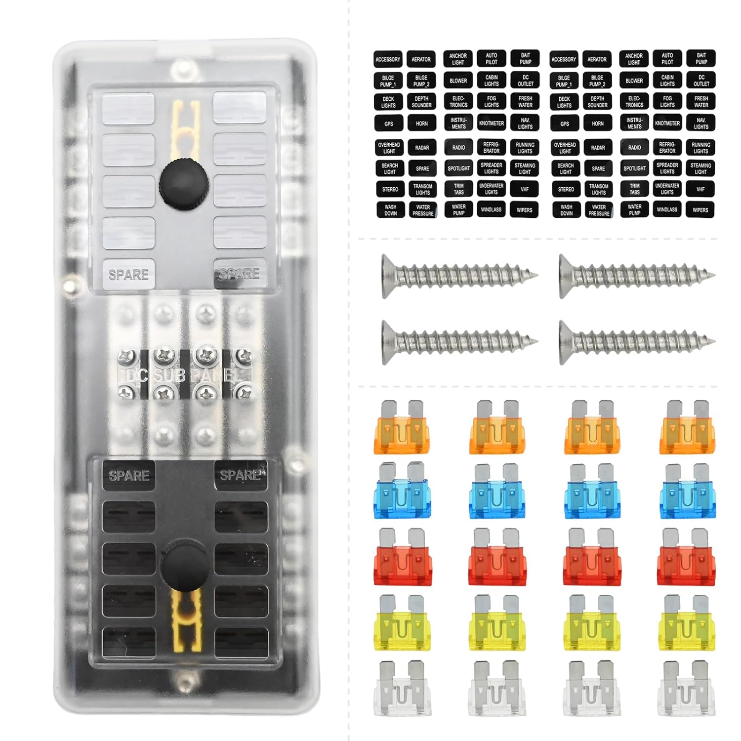 20 Way Blade Fuse Block, 16 Circuit Fuse Fuse Holder Box Block with Ground and Cover, Robust Blade Fuse Box for Marine Boat Car Truck SUV Yacht RV