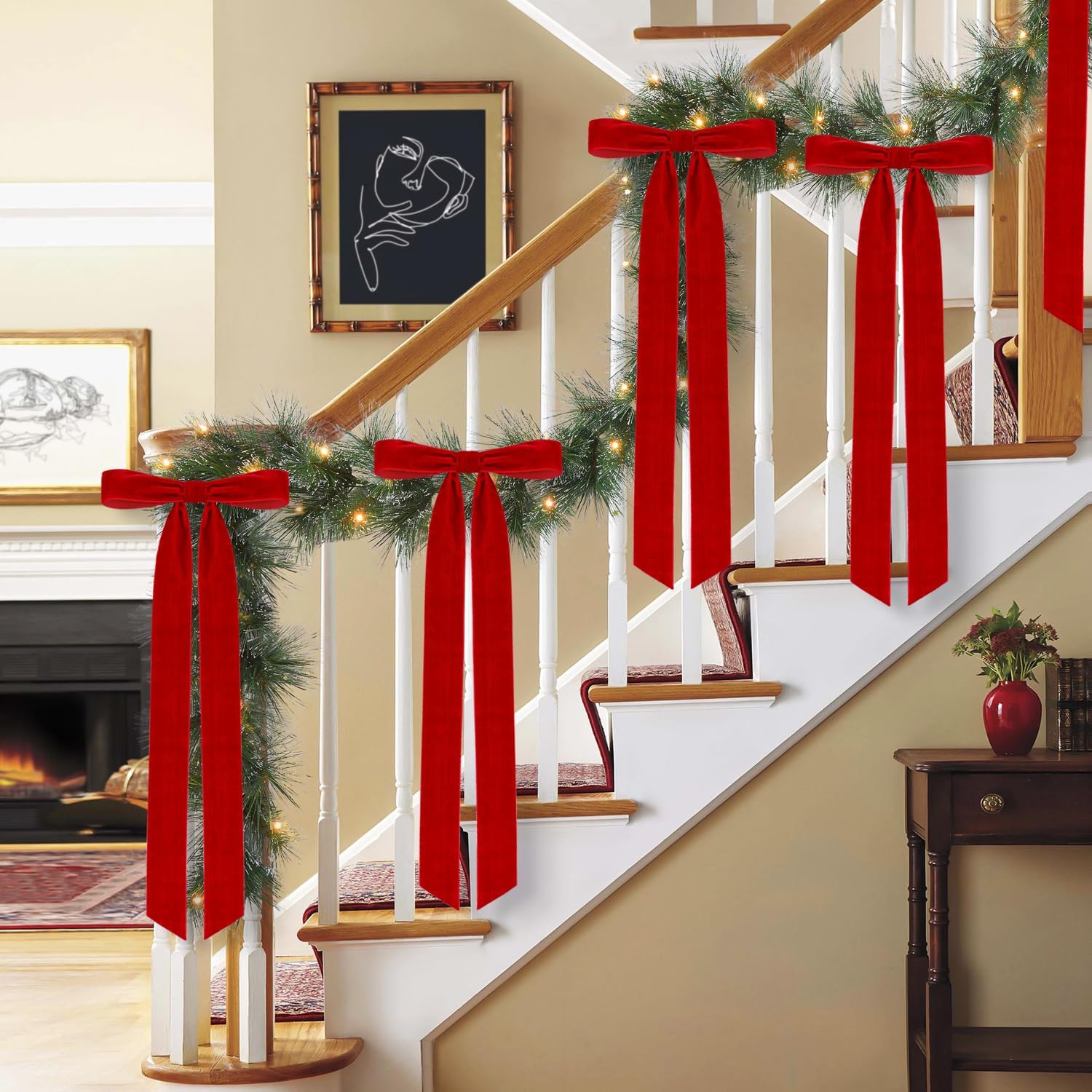 4 Pcs Rustic Large Velvet Bows Christmas Decorations - 23.6 x 8.66 Inch Vintage Ribbon Bow for Xmas Tree Topper Wreath Garland Fireplace Mantel Staircase Wedding Home Decor (4, Red)