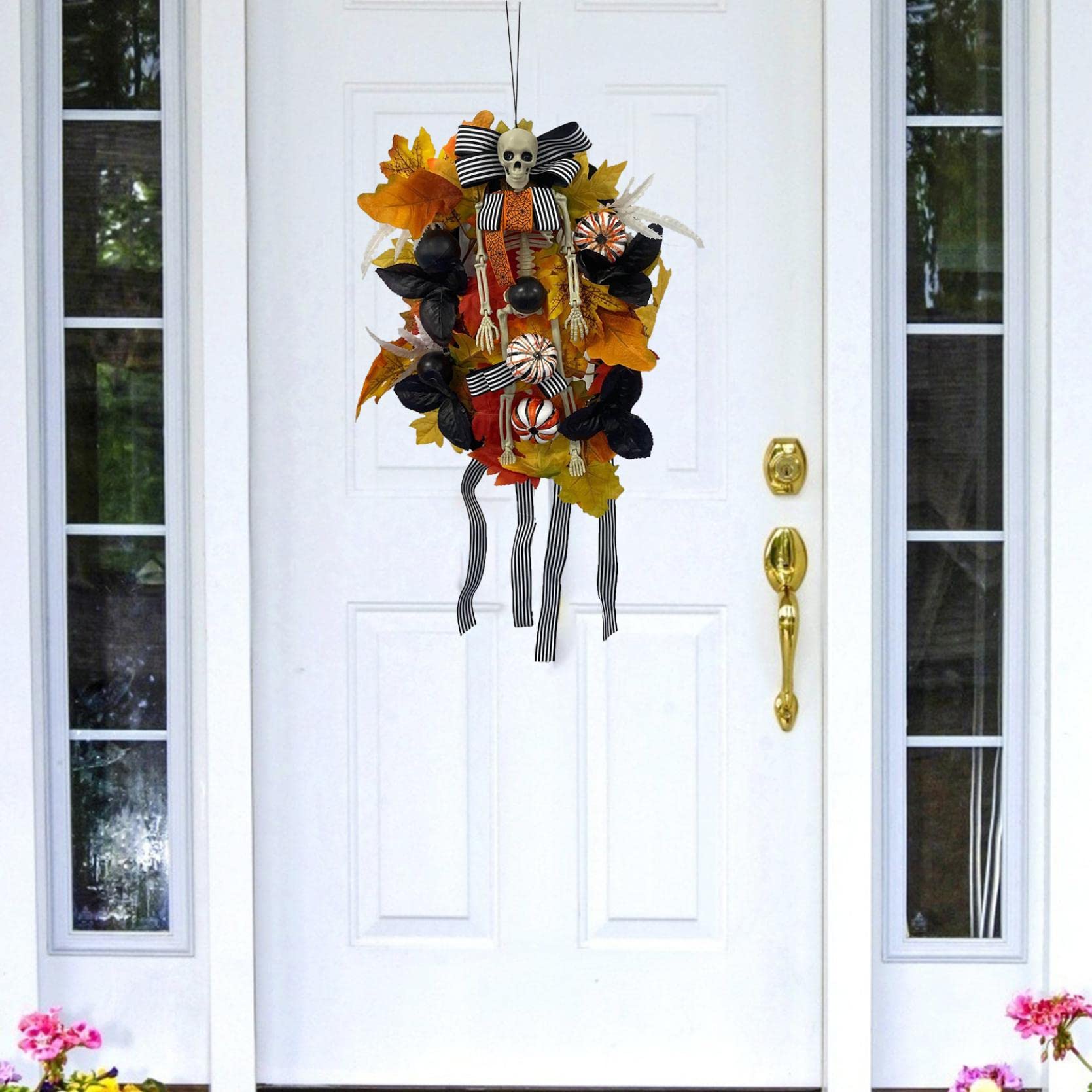 Halloween Skeleton Wreaths, 40cm Door Hanging Halloween Skeleton Door Hanging Garland, for Haunted House, Yard, Garden, Home Party, Halloween Decoration Props