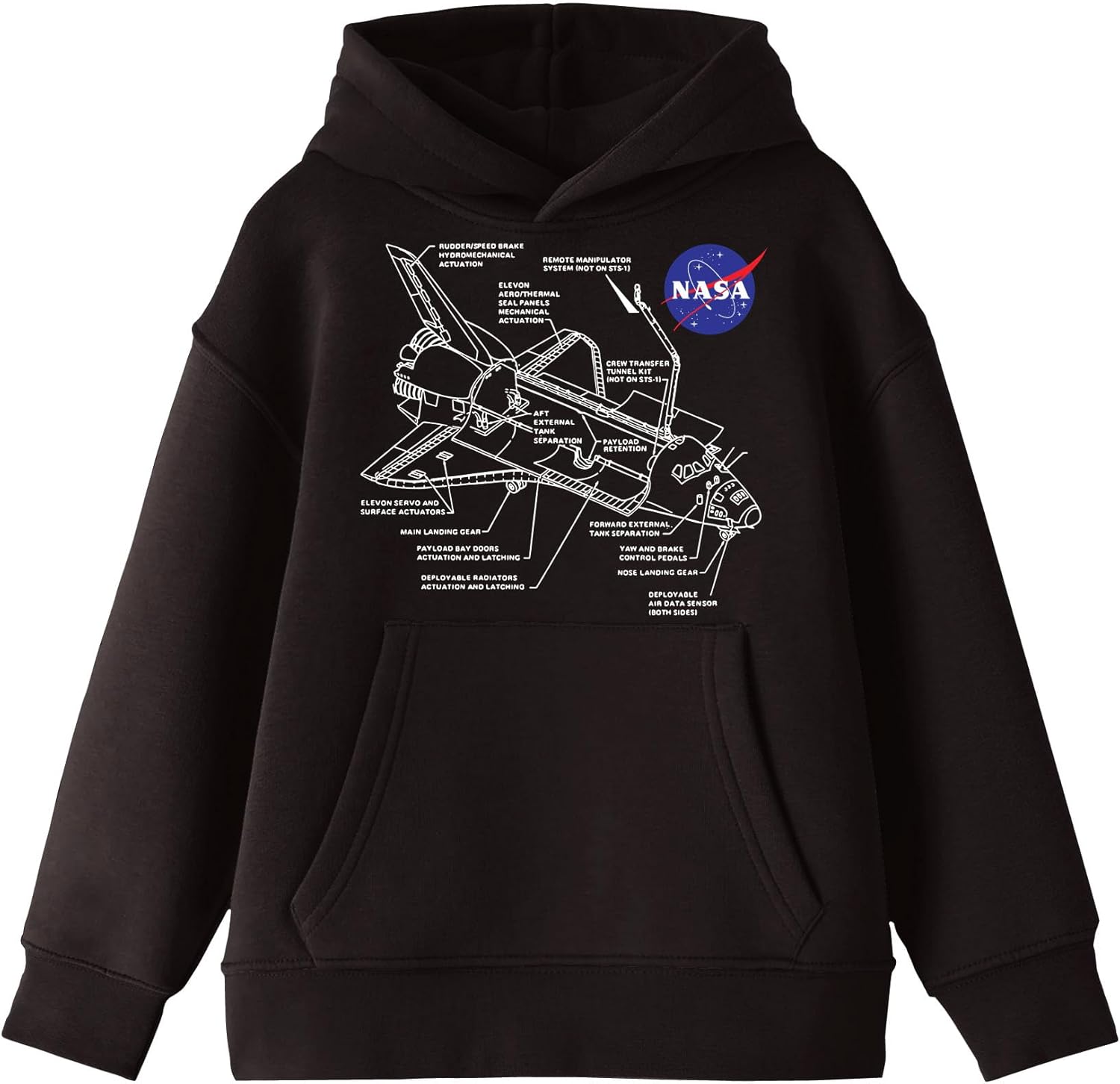 Bioworld NASA Space Shuttle White Line Schematics Youth Boys Black Hooded Sweatshirt
