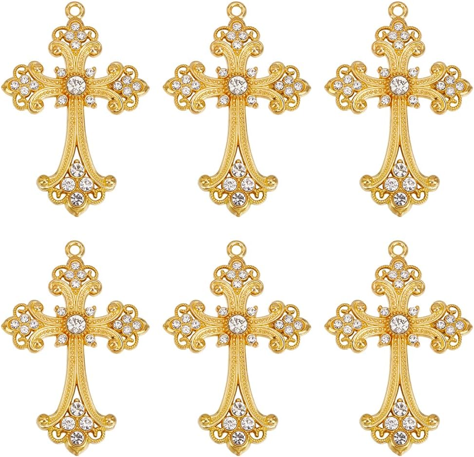 UNICRAFTALE 6pcs Cross Charms Gold Rosary Charms Big Gothic Cross Charm Rhinestone Cross Charms Crystal Cross Dangle Charm Crucifix Cross Charms for Earring Necklace Bracelet Keychain Jewelry Craft Making