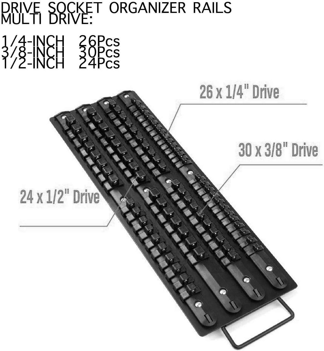 80-Pcs Iron Premium Quality Adjustable Socket Holders, Portable Socket Organizer Tray, 1/4-Inch, 3/8-Inch, 1/2-Inch, Best Heavy Duty Socket Rail for Men Women, Black