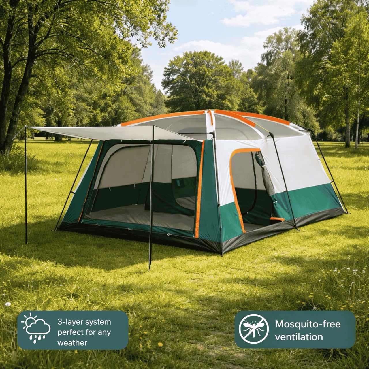 Lyve Familienzelt XL – Wasserdichtes Campingzelt mit 2 bis 3 Schlafkabinen – Deep Sleep Verdunkelung – 8000 mm Wassersäule – 4/6 / 8 Personen – Grün