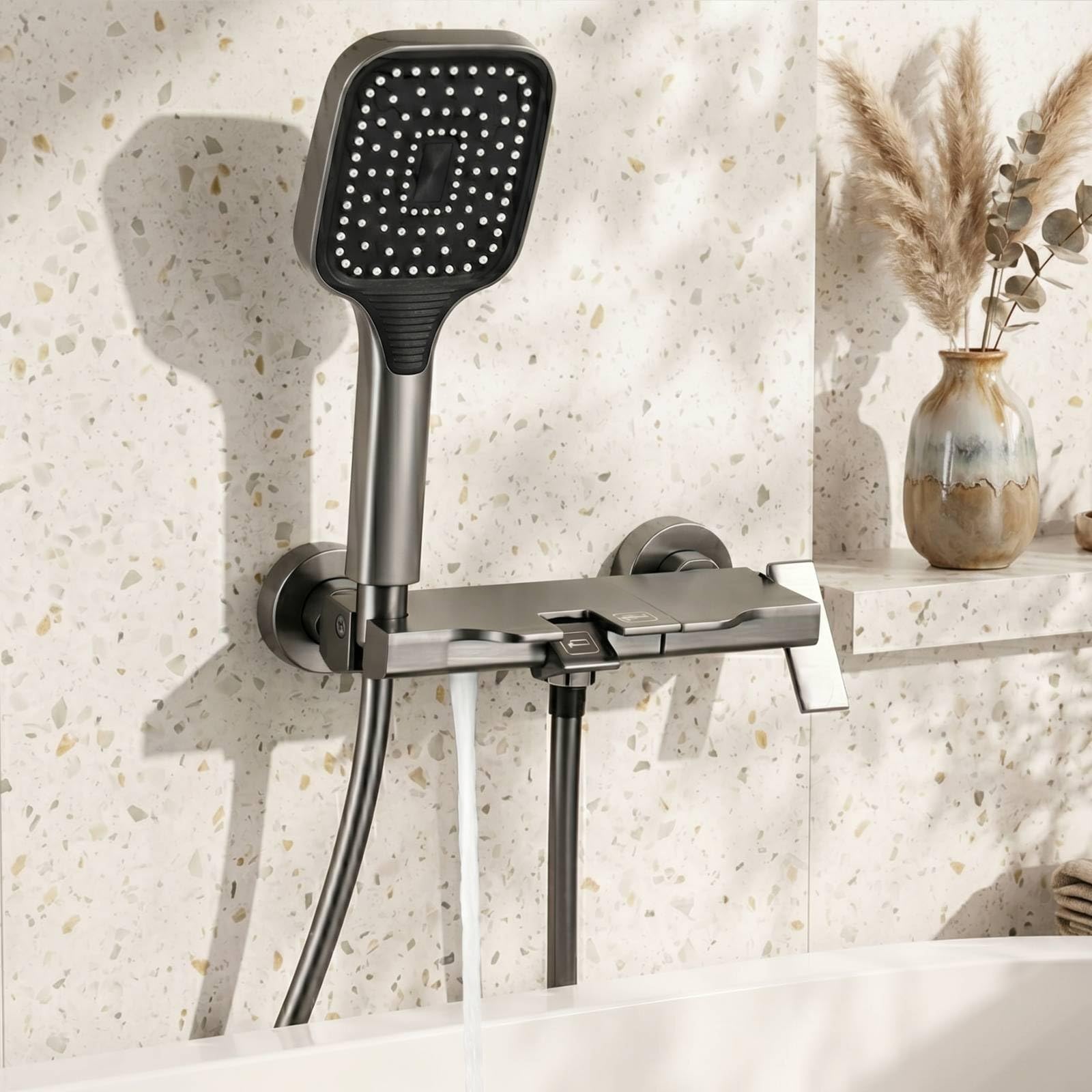 Bostar Grifo de Bañera Cascada con Ducha de Mano, Grifería de Baño Aluminio Espacial con Selector de Botones de Piano, Manguera de 1.5m