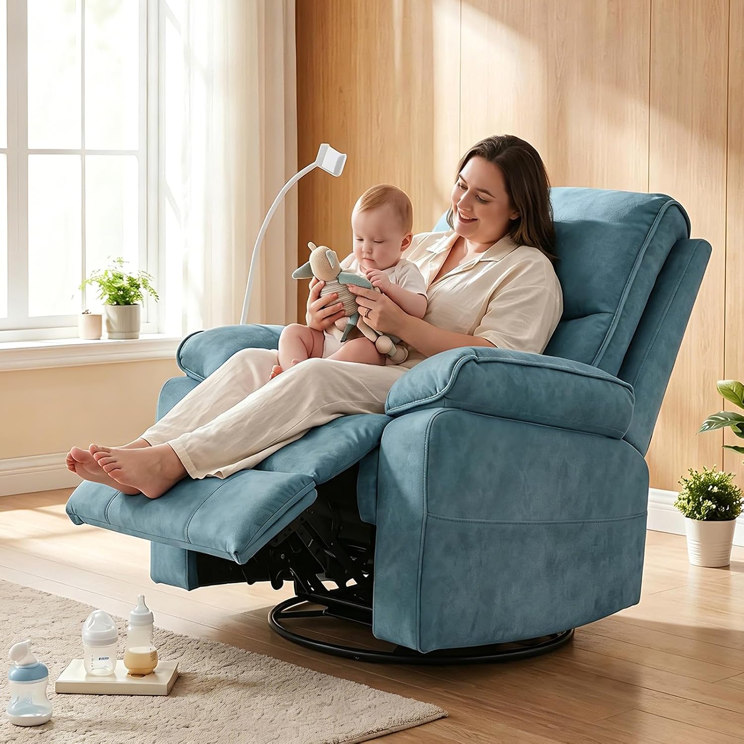 360° Swivel Glider Rocking Chair Nursery， Oversized Recliner with Phone Holder，Nursing Chairs for Breastfeeding with Wide Foot Rest for Living Room and Baby Room,Blue