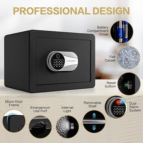 Miniatura 8 de Caja fuerte biométrica de 1.0 pies cúbicos, segura para huellas dactilares con bolsa ignífuga, estante extraíble, sistema de alarma, caja de dinero