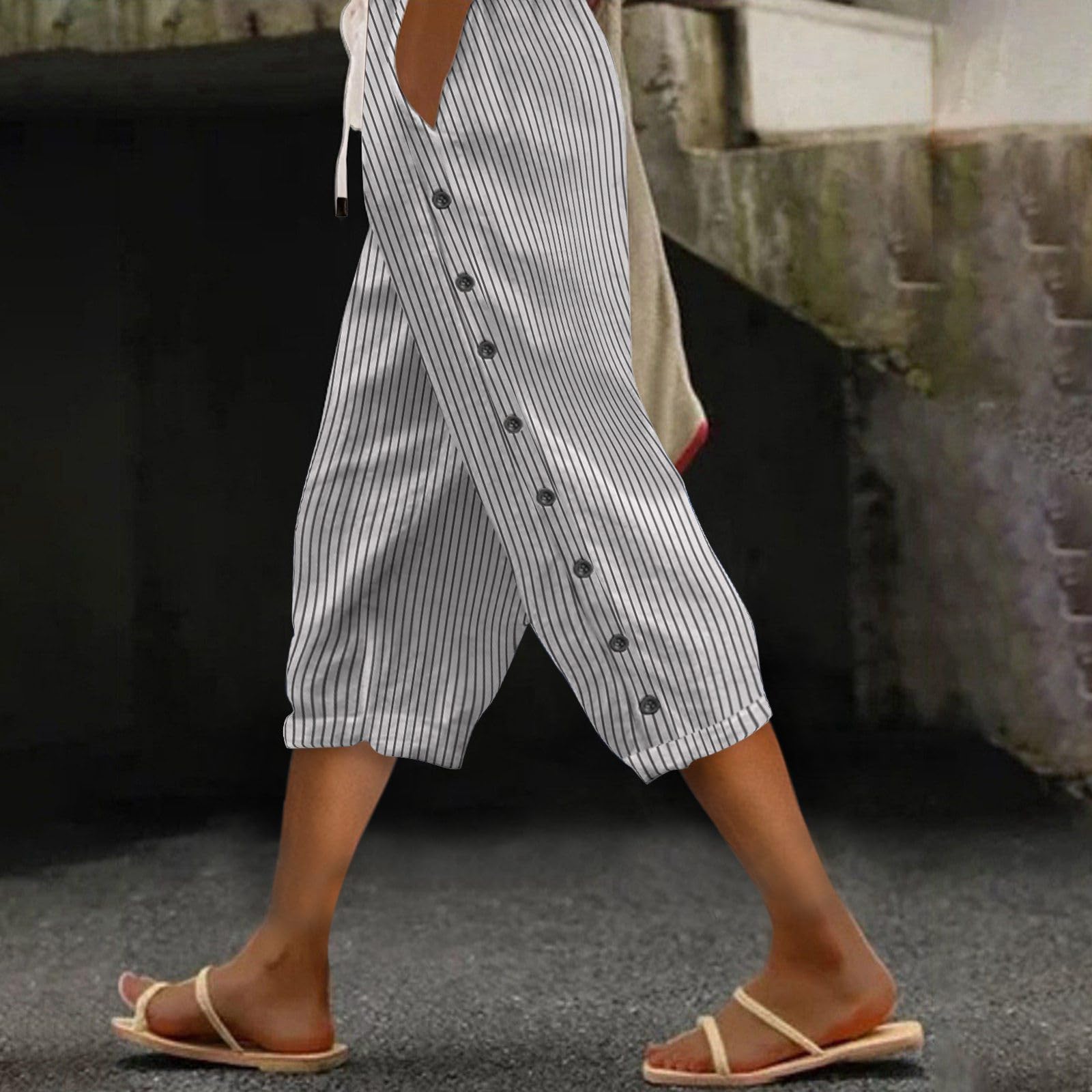 Pantalon Femme, Capris Décontracté Pour Femmes, Respirant, Rayé, Cordon De Serrage, Poche Arrière, Boucle Latérale, Été, Lavable En Machine