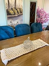 Handcrafted Macrame Table Runner, Natural Cotton, Boho Crochet Design with Tassels, Cream White, Farmhouse Dining Room Decor