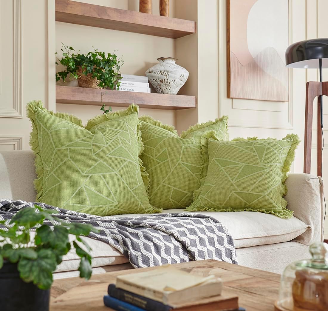 Waffle Pillow Covers 24x24 Set of 2 Cotton Throw Pillow Covers Stone Washed Decorative Geometric Triangle Pattern Euro Shams for Couch Sofa Bedroom Car (Green