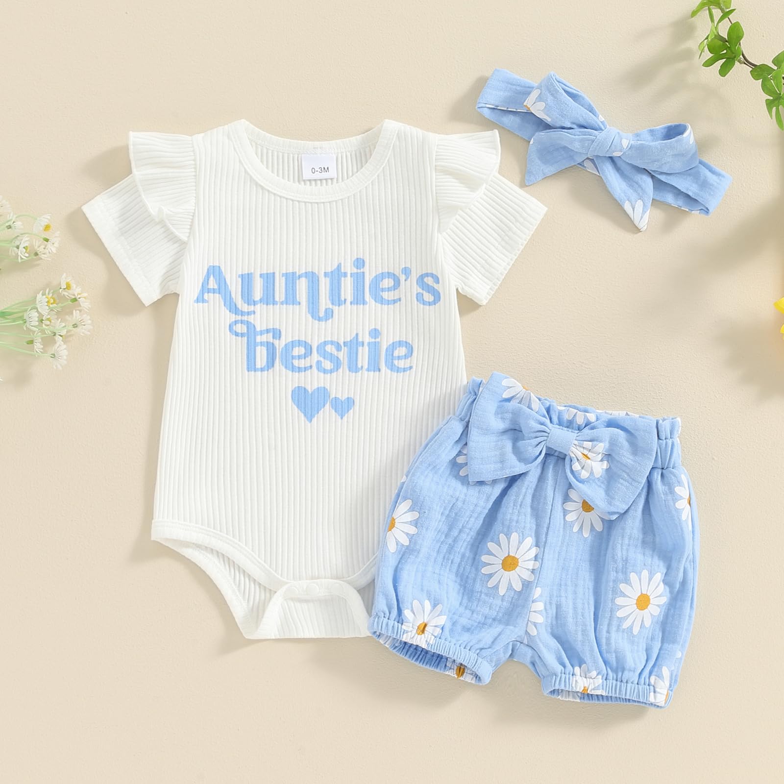 Tsnbre Newborn Baby Girl Clothes Daddys Girl Short Sleeve Romper Floral Shorts Headband Infant Summer Outfits (Auntie's Blue, 0-3 Months)