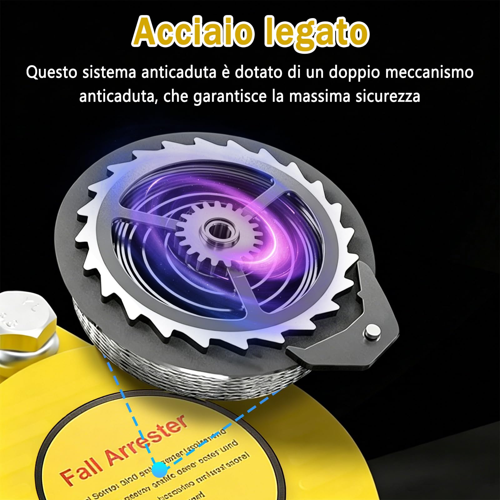 Dispositivo Anticaduta Retrattile Certificato, 10m Imbracatura di Sicurezza Anticaduta con Gancio Autobloccante, Professionale Dispositivo Retrattile di Sicurezza Anticaduta (Giallo)