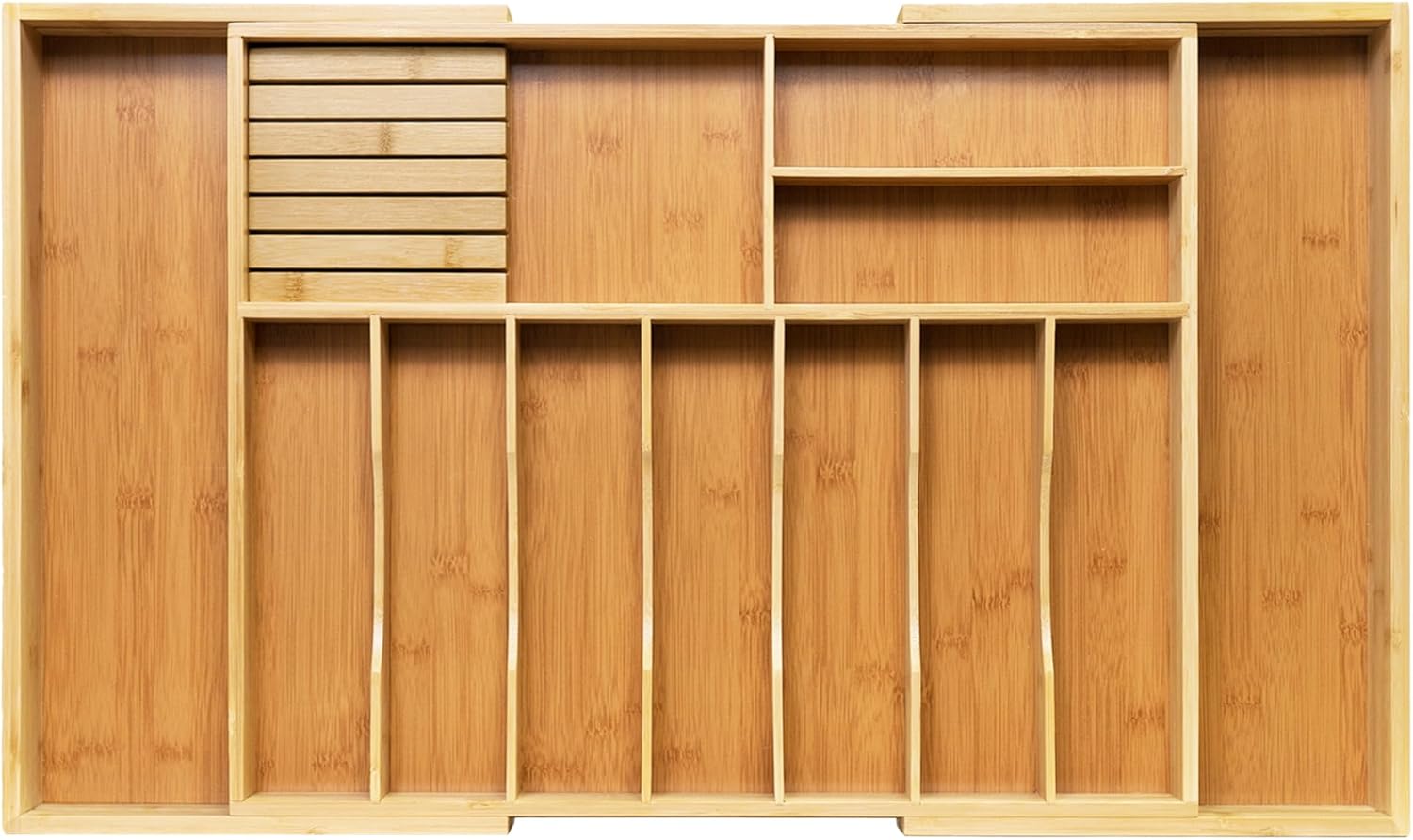 VaeFae Extra Large Kitchen Utensil Holder, Bamboo Silverware Drawer Organizer, Expandable Cutlery Organizer with Knife Block, Multifunctional Wooden Drawer Divider (10-12 compartments) 20.6" to 35.04" wide