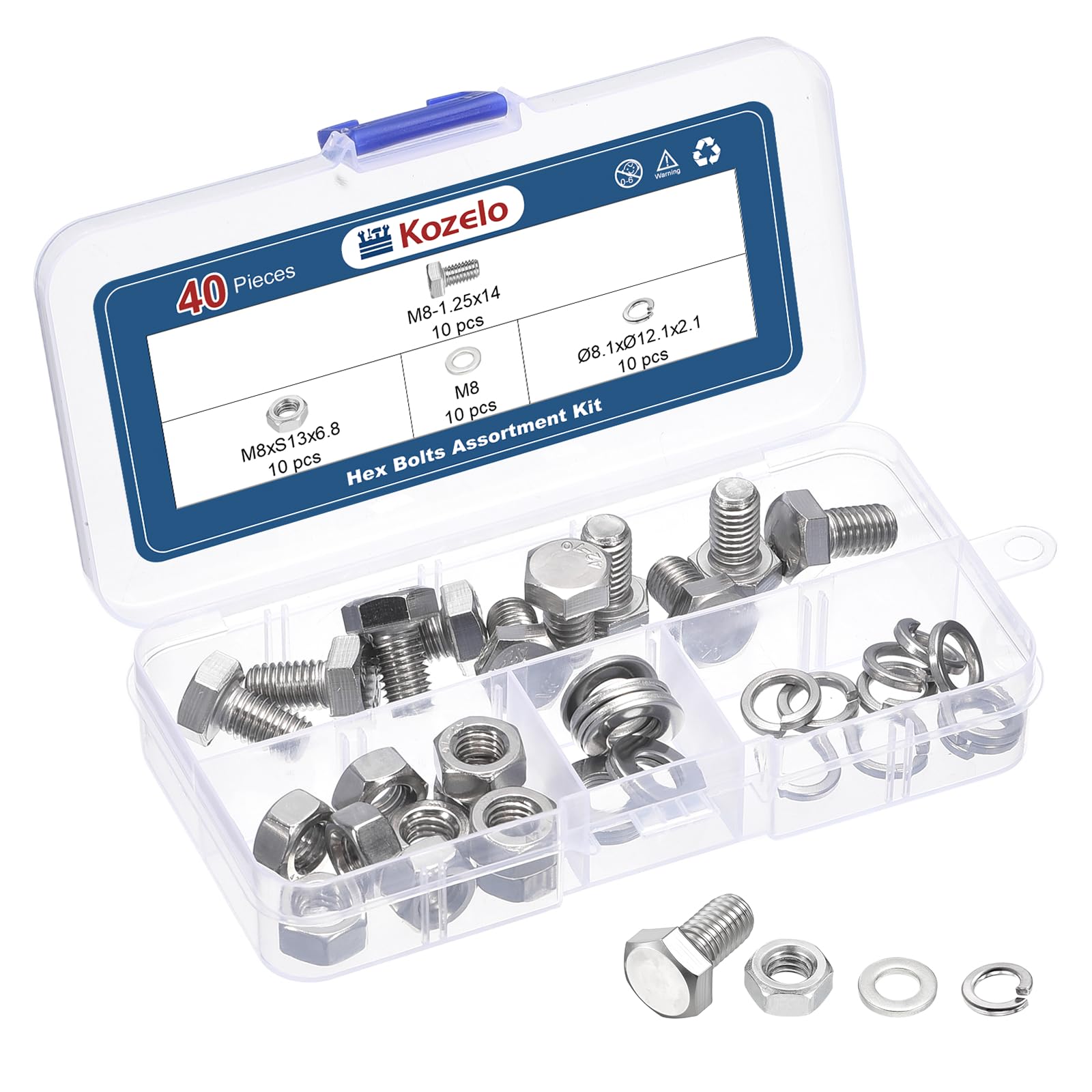 Kozelo 40 Pcs Bolts and Nuts Washers Kit - [M8-1.25x14] 304 Stainless Steel Hex Tap Bolt Assortment Fully Threaded Hexagon Head Machine Bolts Right Hand External Hex Drive, Silver Tone — image 1