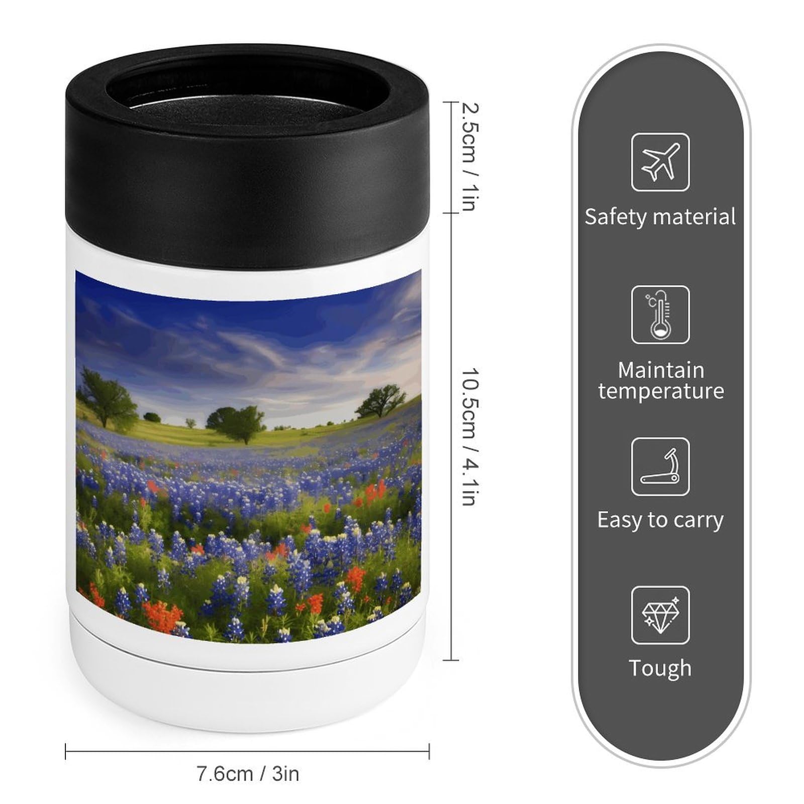 Stainless Steel Beverage Cooler with Silicone Sleeve, Texas Bluebonnets Scenery Print Multipurpose Drink Chiller for Home, Office, and Outdoor Use