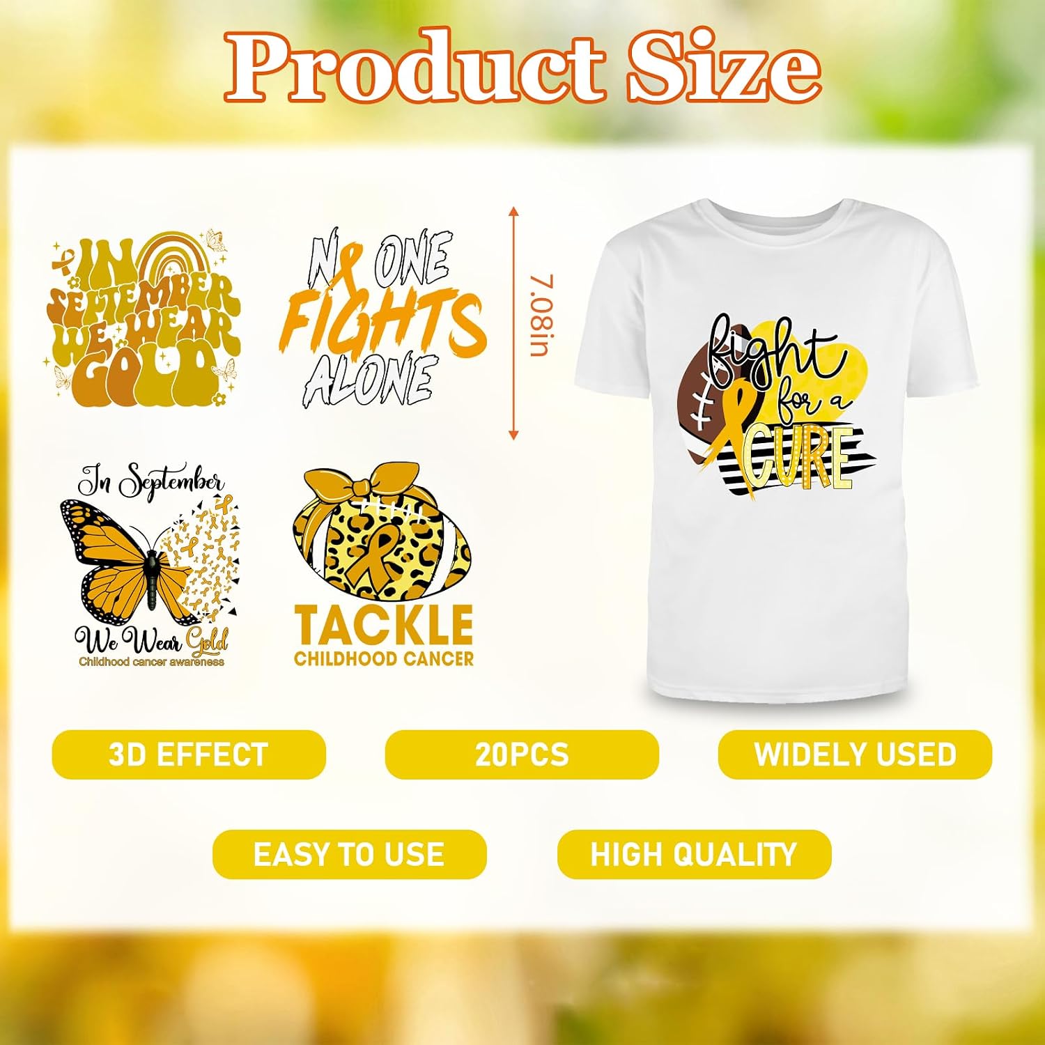 Dtf Transfers Ready to Press - 20Pcs Childhood Cancer Awareness Iron on Transfers Gold Ribbon Iron on Decals Cancer Survivor Heat Transfer Vinyl Stickers for Charity Clothing Pillows Bag DIY Crafts