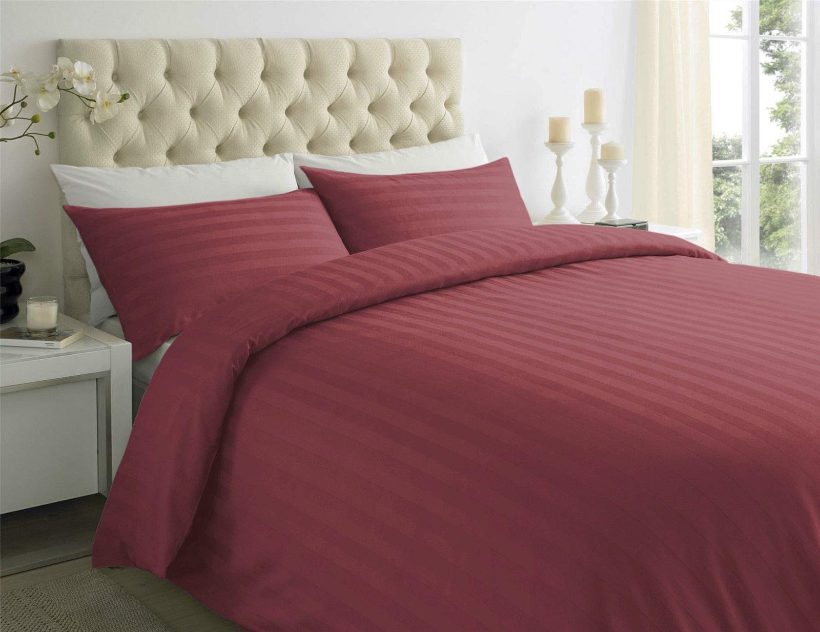 ES BargainsDuvet Cover 400TC Egyptian Cotton Stripe Duvet Quilt Cover With Pillowcase Bedding Set (Burgundy, Double)
