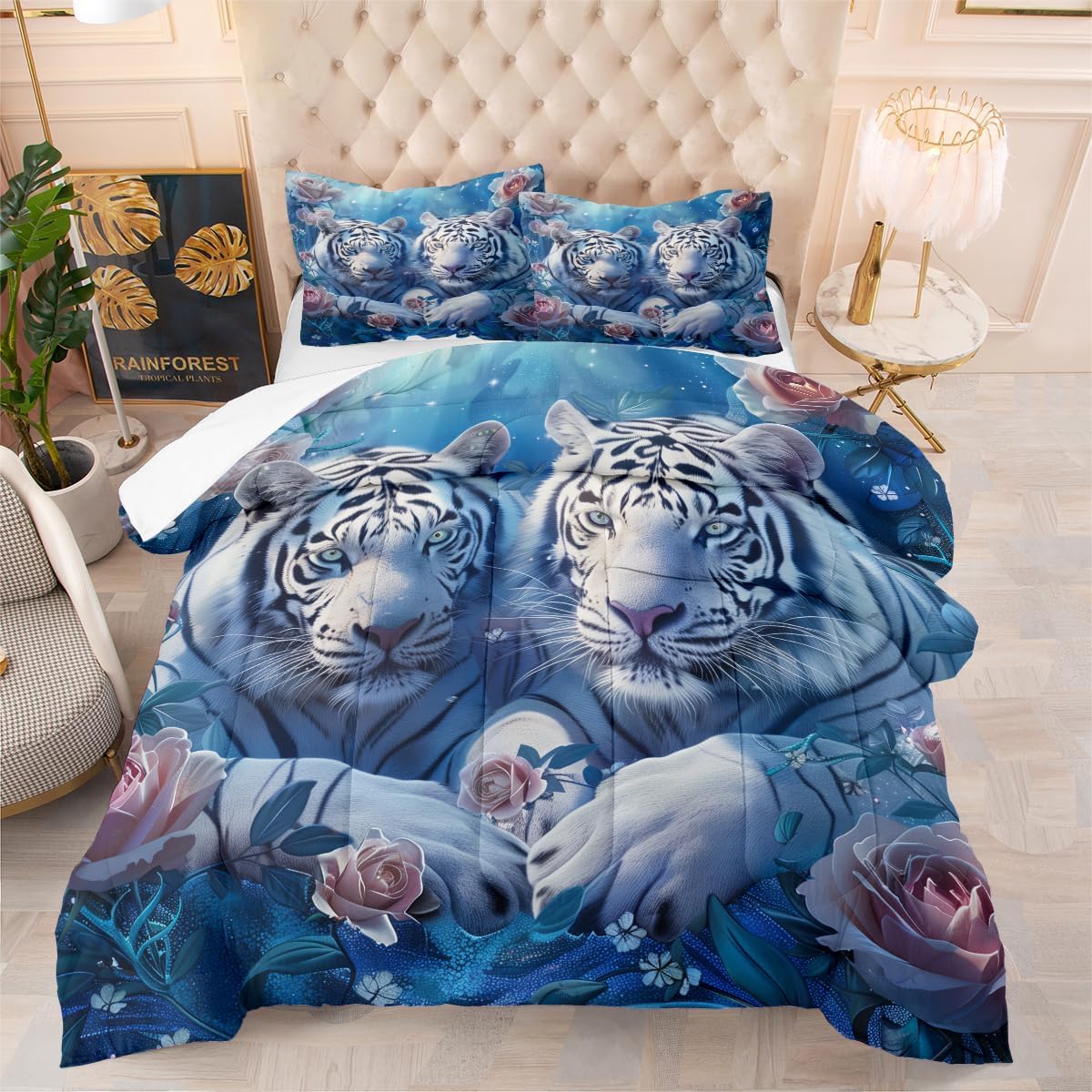 Comforter Set Queen Size Blue White Tiger Rose Comforter Set Comforter Sets Kids Adult Bedroom Quilt Set with Pillowcases