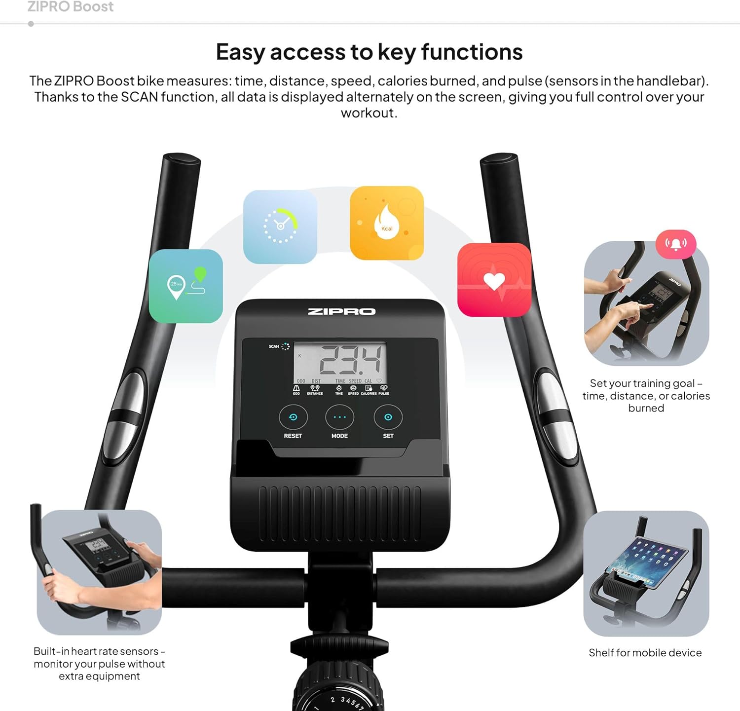 Diagram showing the dimensions of the ZIPRO Boost Exercise Bike and recommended user height and weight.