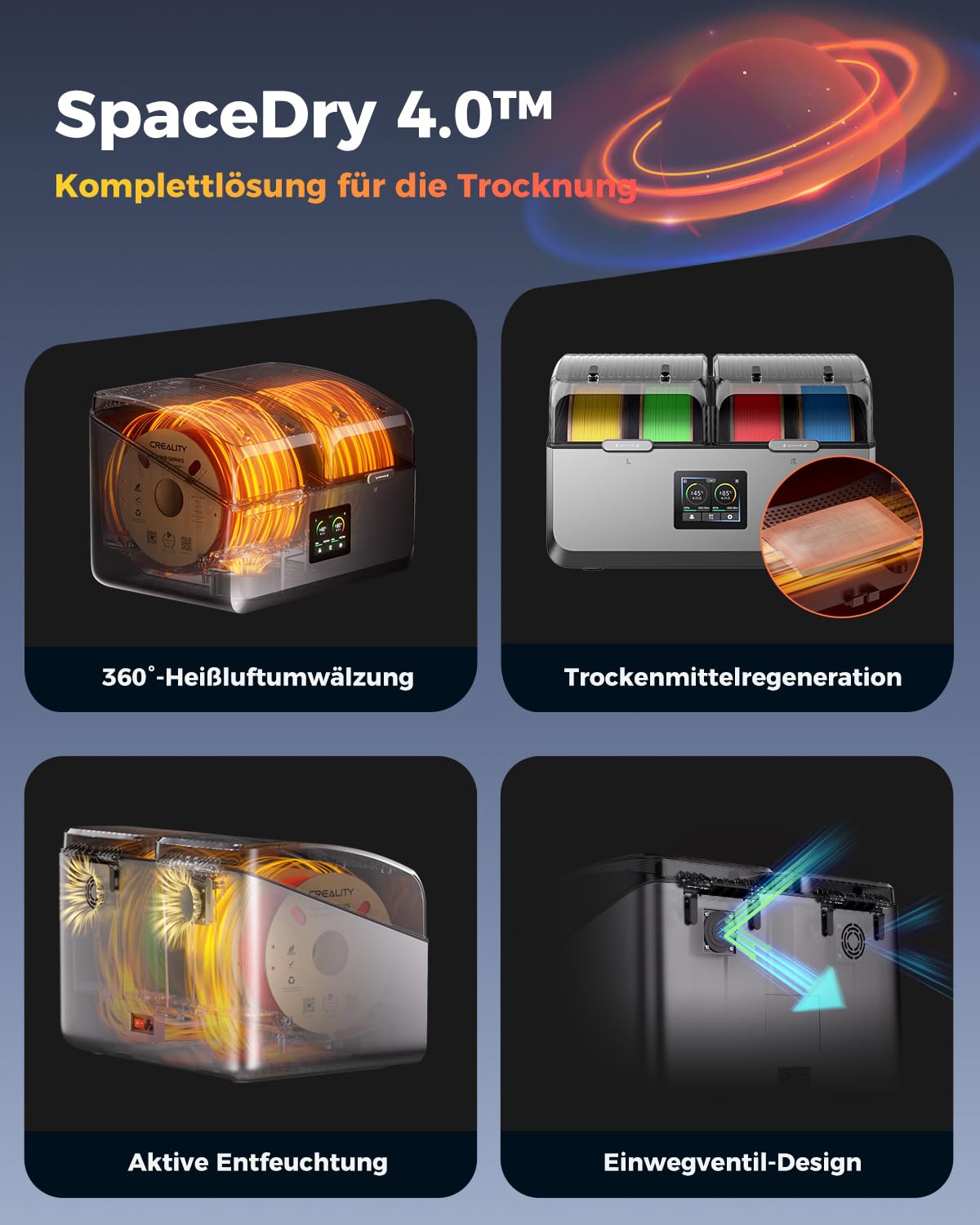 Creality Space Pi X4 suszarka filamentowa, 4 rolki filamentu trockner z dwukomorowym podgrzewanym przechowywaniem, niezależna kontrola temperatury do PLA, PETG, ABS, TPU, nylonu, ASA 1,75 mm/2,85 mm