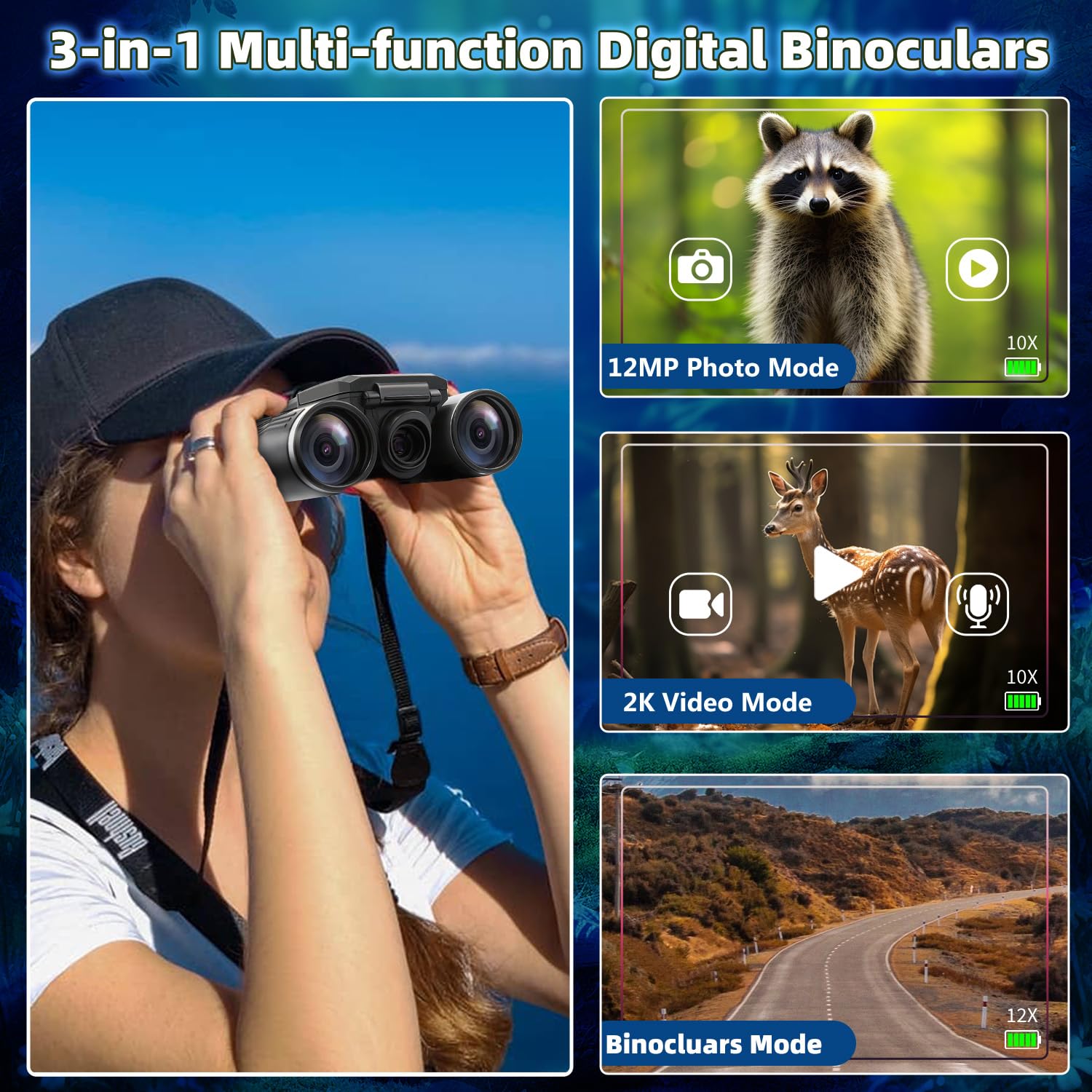 Binocolo digitale per adulti, 12 x 32, con fotocamera, 5 MP, video Full HD, schermo LCD da 2 pollici con scheda micro SD da 32 GB, per bird watching, caccia, calcio, concerti teatro, colore argento
