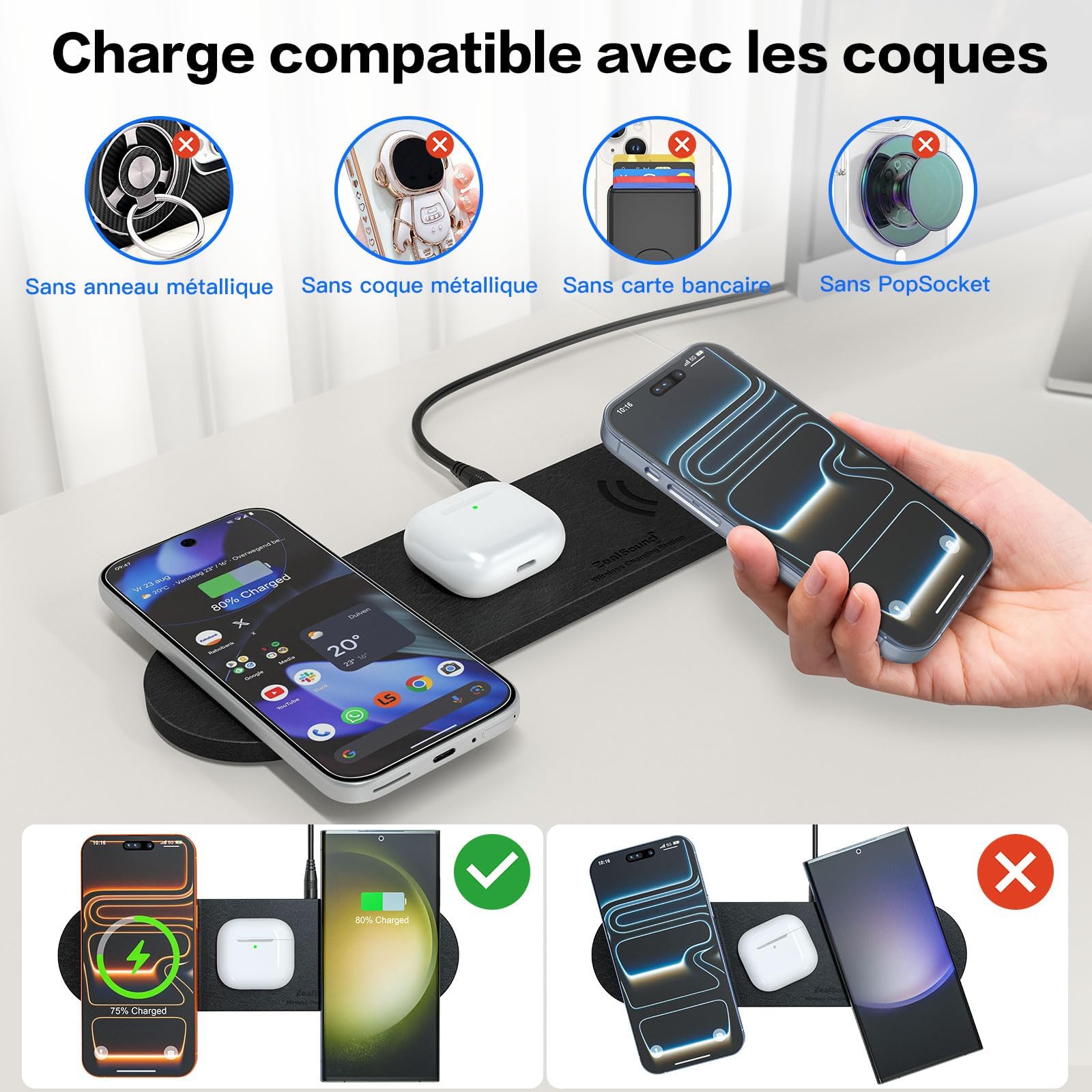Zealsound 3-en-1 Chargeur Induction, Rapide Chargeur Sans Fil, 36W Prise UE