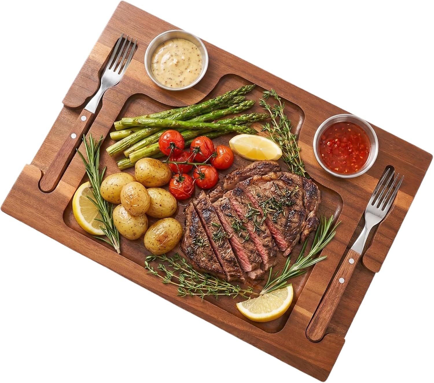 Acacia Wood Serving Plate with Grooves Steak Plate Cutting Board with 2 Sauce Cups for Meat Sausages Cheese