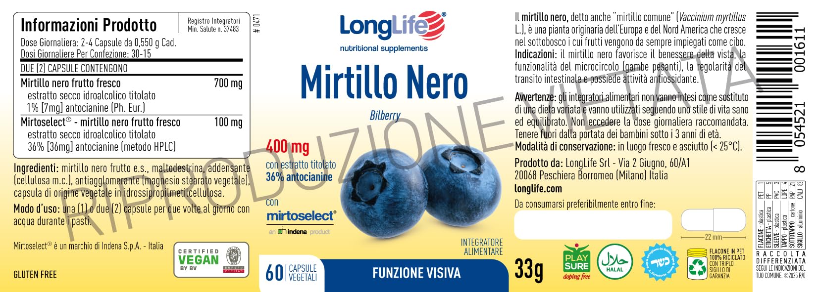LongLife® Mirtillo Nero | Con estratto titolato al 36% in antocianosidi (Mirtoselect®) | Minimo 800mg | Benessere della vista e del microcircolo | Fino a 1 mese di trattamento | Vegano e senza glutine