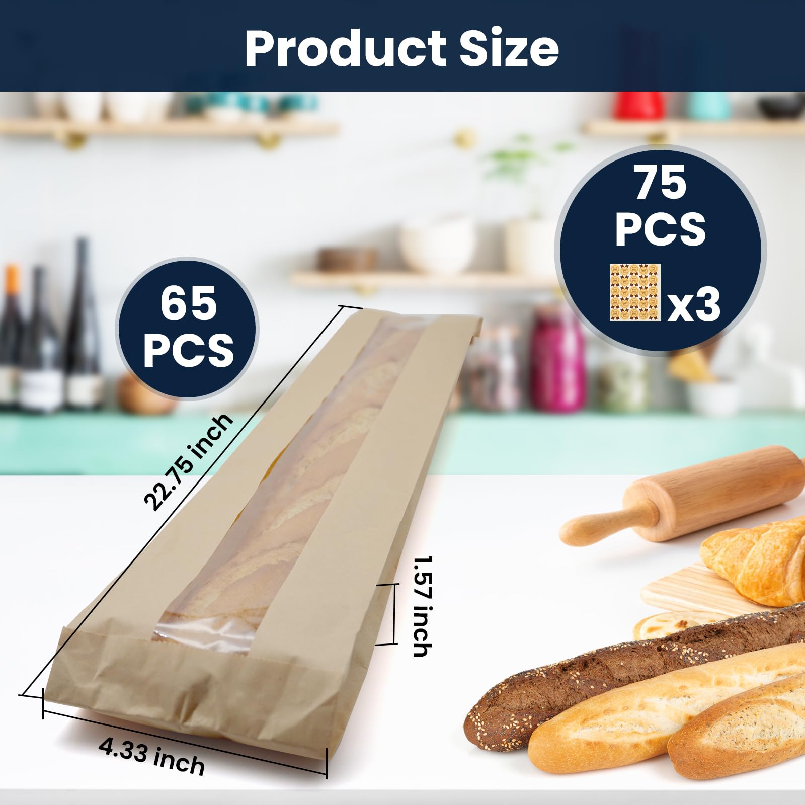 Paquete de 65 bolsas de papel para pan con calcomanías, bolsas largas de pan francés, bolsas de papel kraft con ventana transparente para pan casero y almacenamiento de alimentos horneados