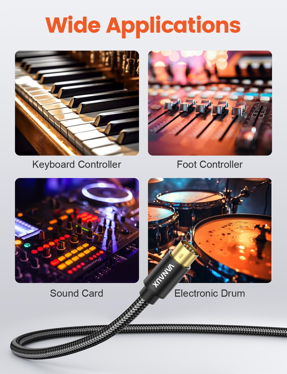 VANAUX Cable MIDI de 10 pies/3 m, cable MIDI macho a macho de 5 pines compatible con teclado MIDI, sintetizador de teclado, sintetizador de rack, muestreador, tarjeta de sonido externa, fuente de