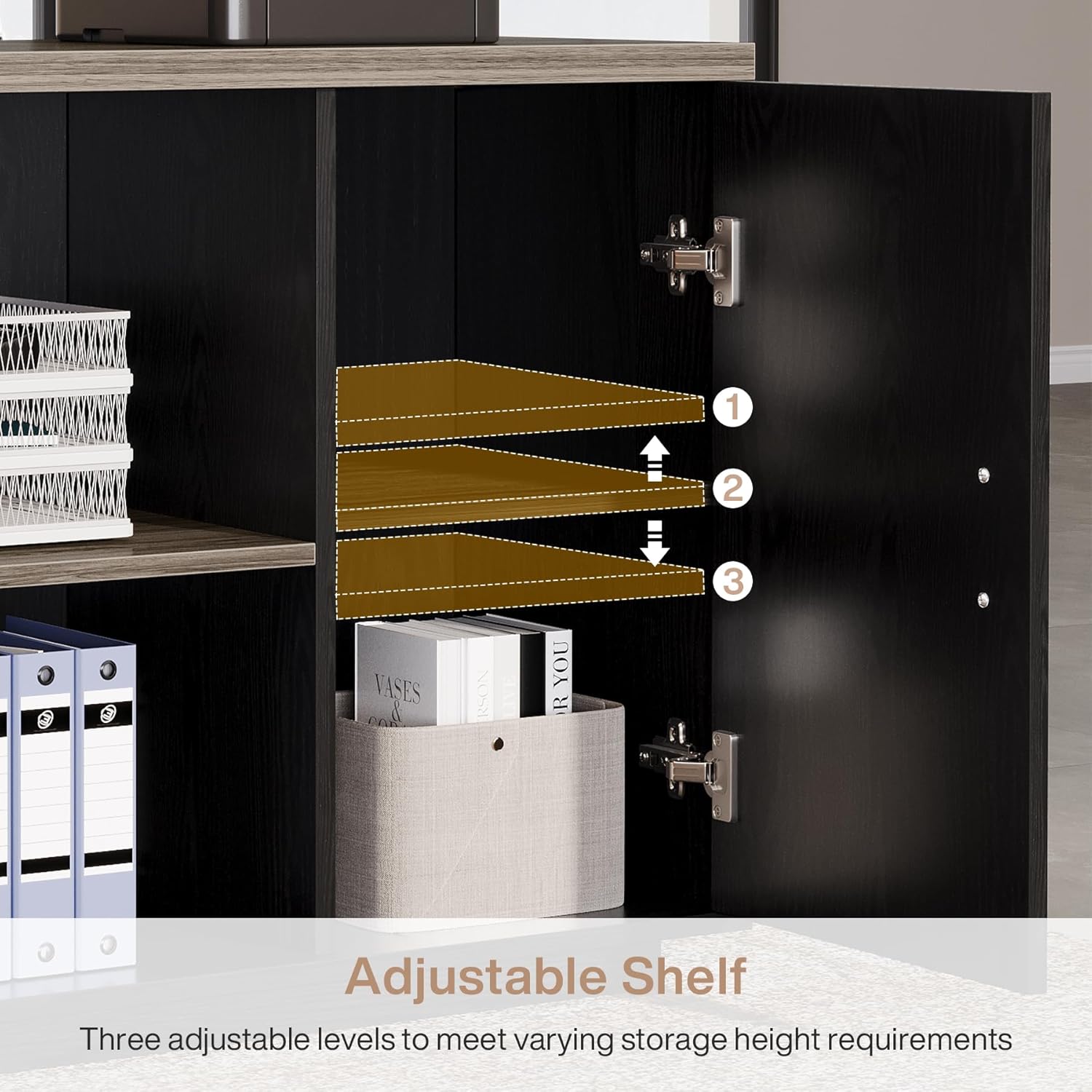 Tribesigns 85.8-Inch L-Shaped Executive Desk, Extra Large Modern Office Desk with File Drawers, Door Cabinet & Shelves, Commercial Office Table, Home Business Workstation, Grey & Black