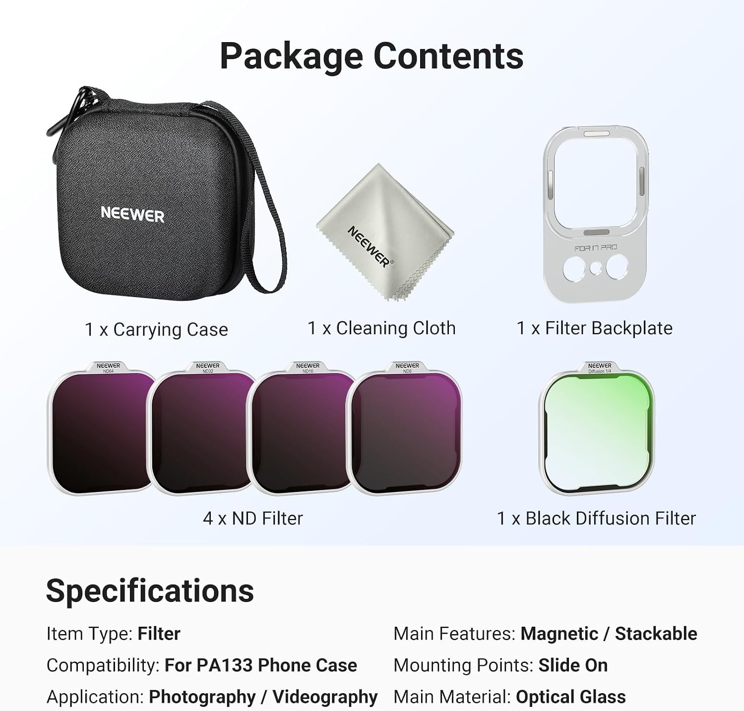 NEEWER ND Filter Set Only Compatible with iPhone 17 Pro Case (PA133), Neutral Density ND8/16/32/64 + Black Diffusion 1/4 Filter for Mist Cinematic Effect + Magnetic Backplate, Silver